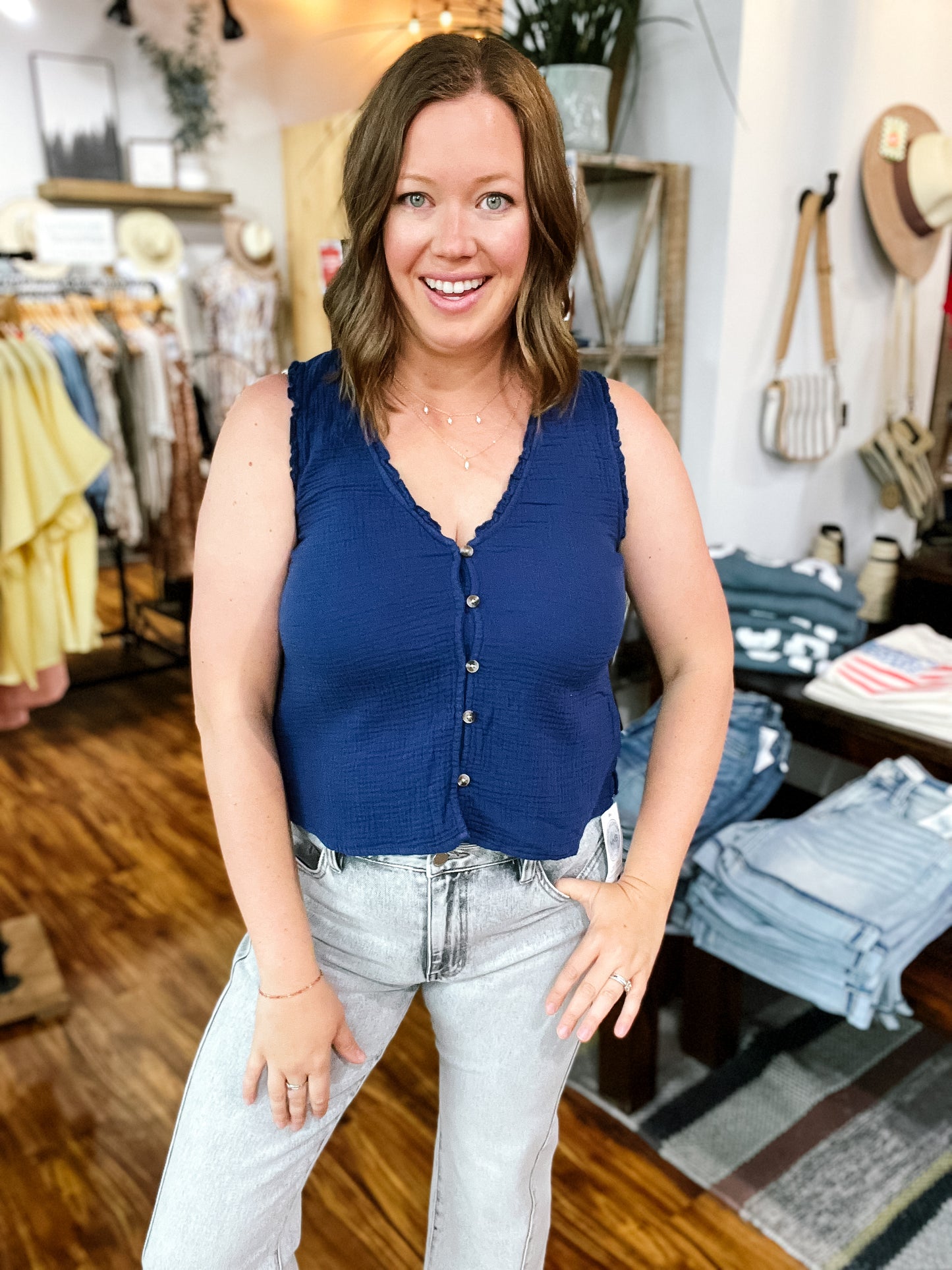 Marine Blue Button Tank Top