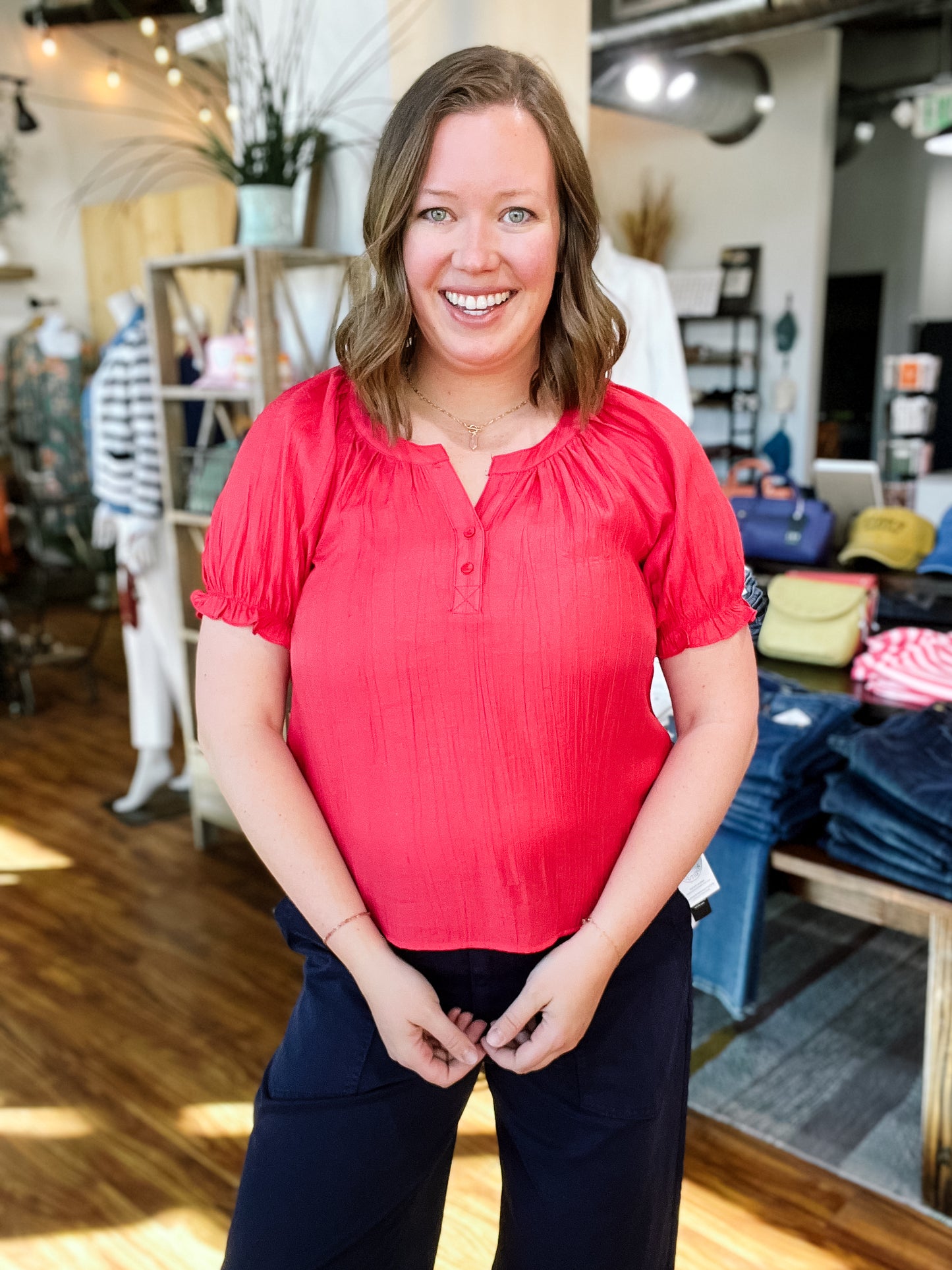 Red Gather Short Sleeve Top