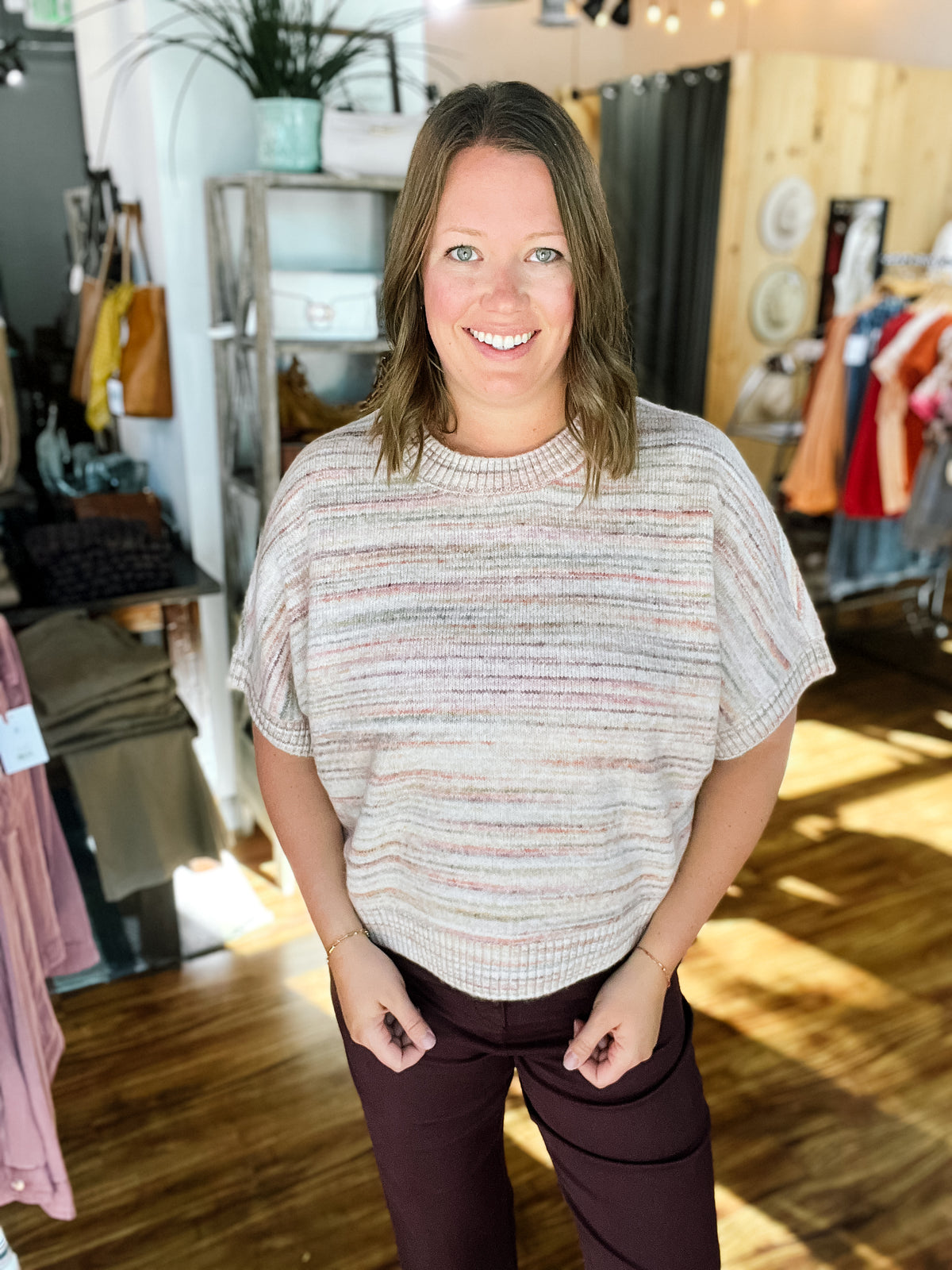 Pink & Purple Mixed Stripe Short Sleeve Sweater
