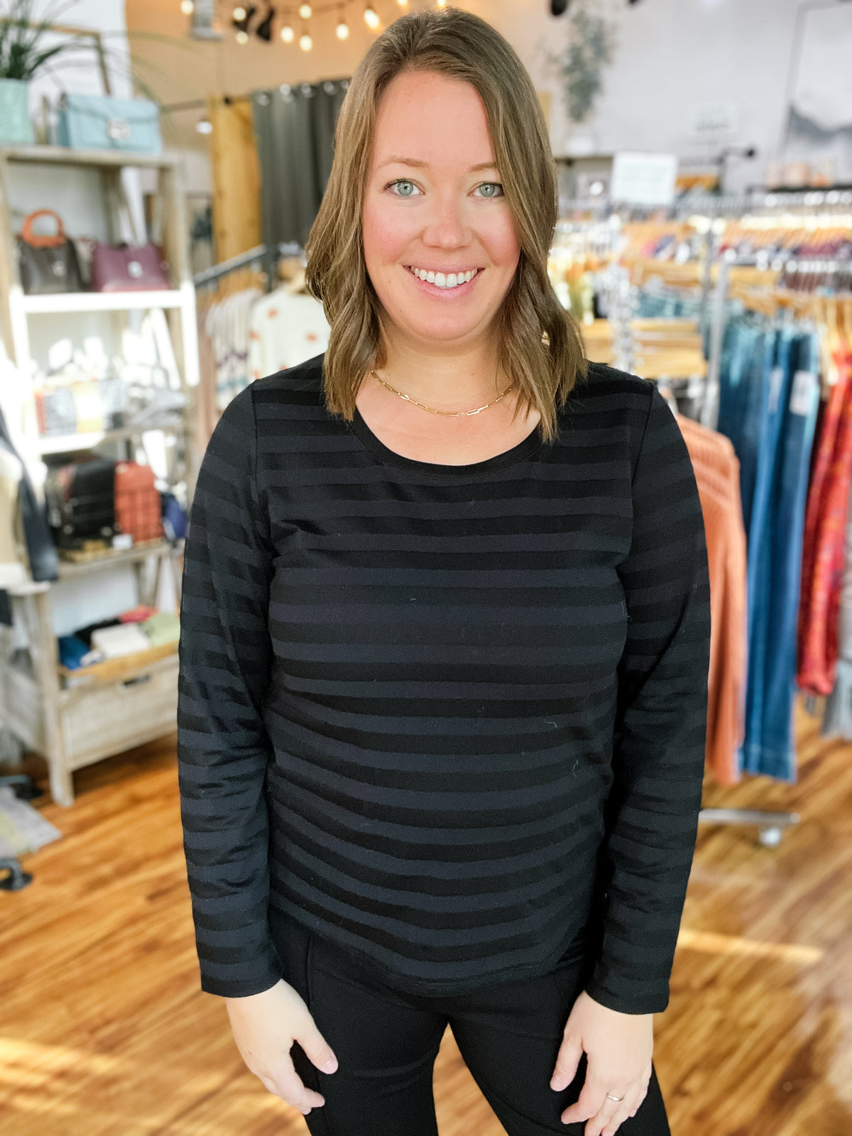 Black Shadow Stripe Long Sleeve Top