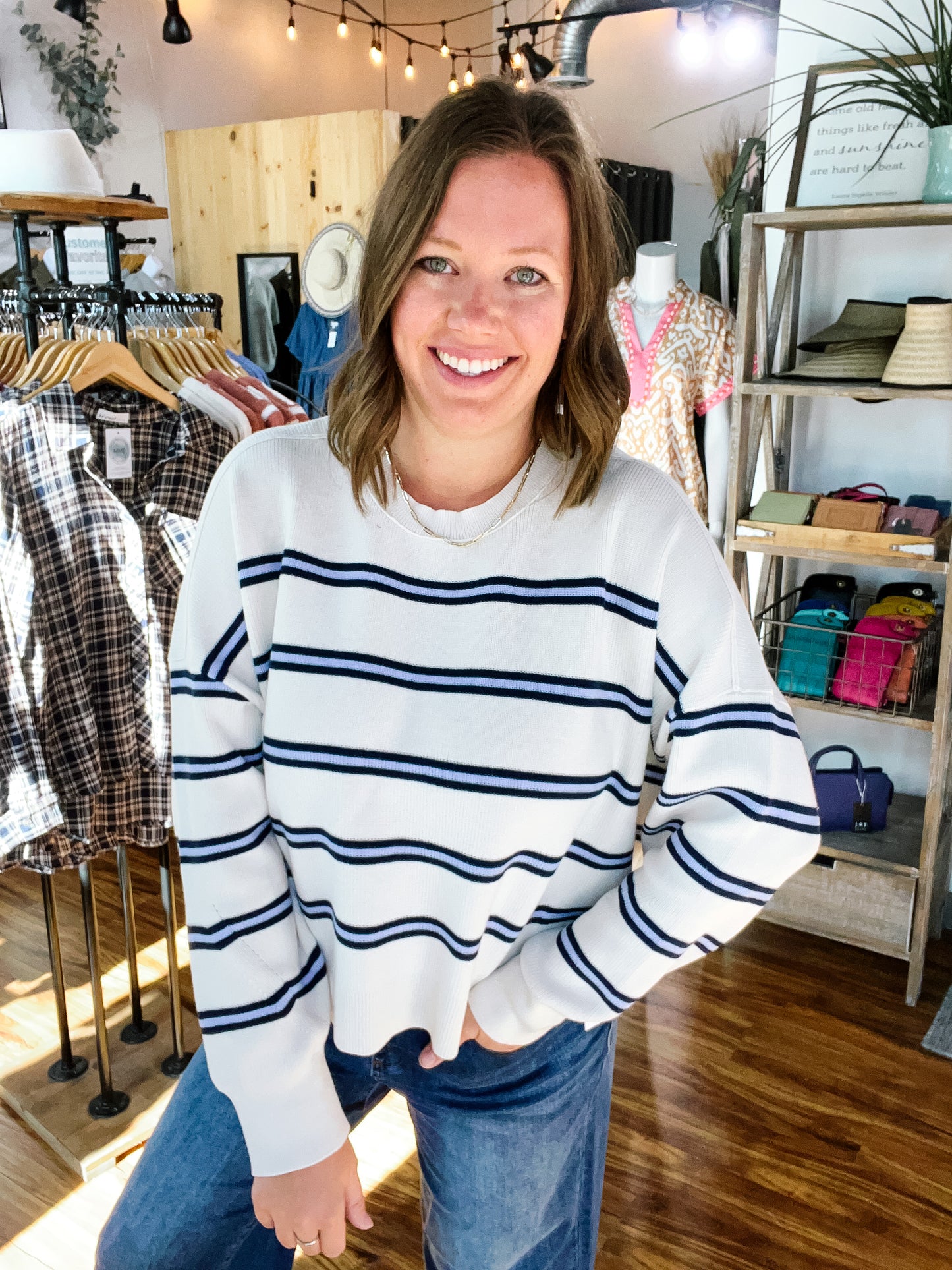 Cream W/Blue Stripe Sweater