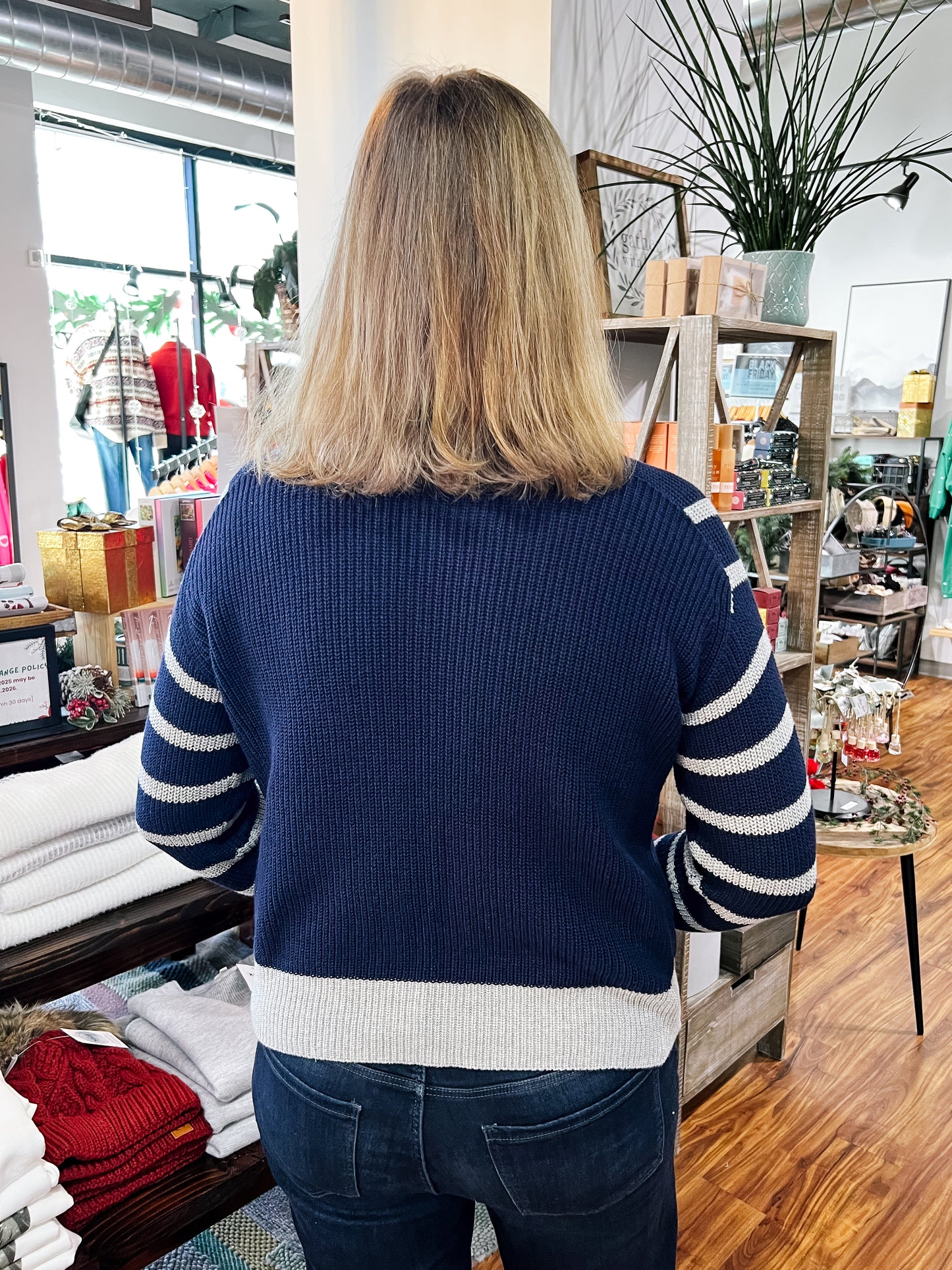 Navy Heather Striped Sleeves Sweater