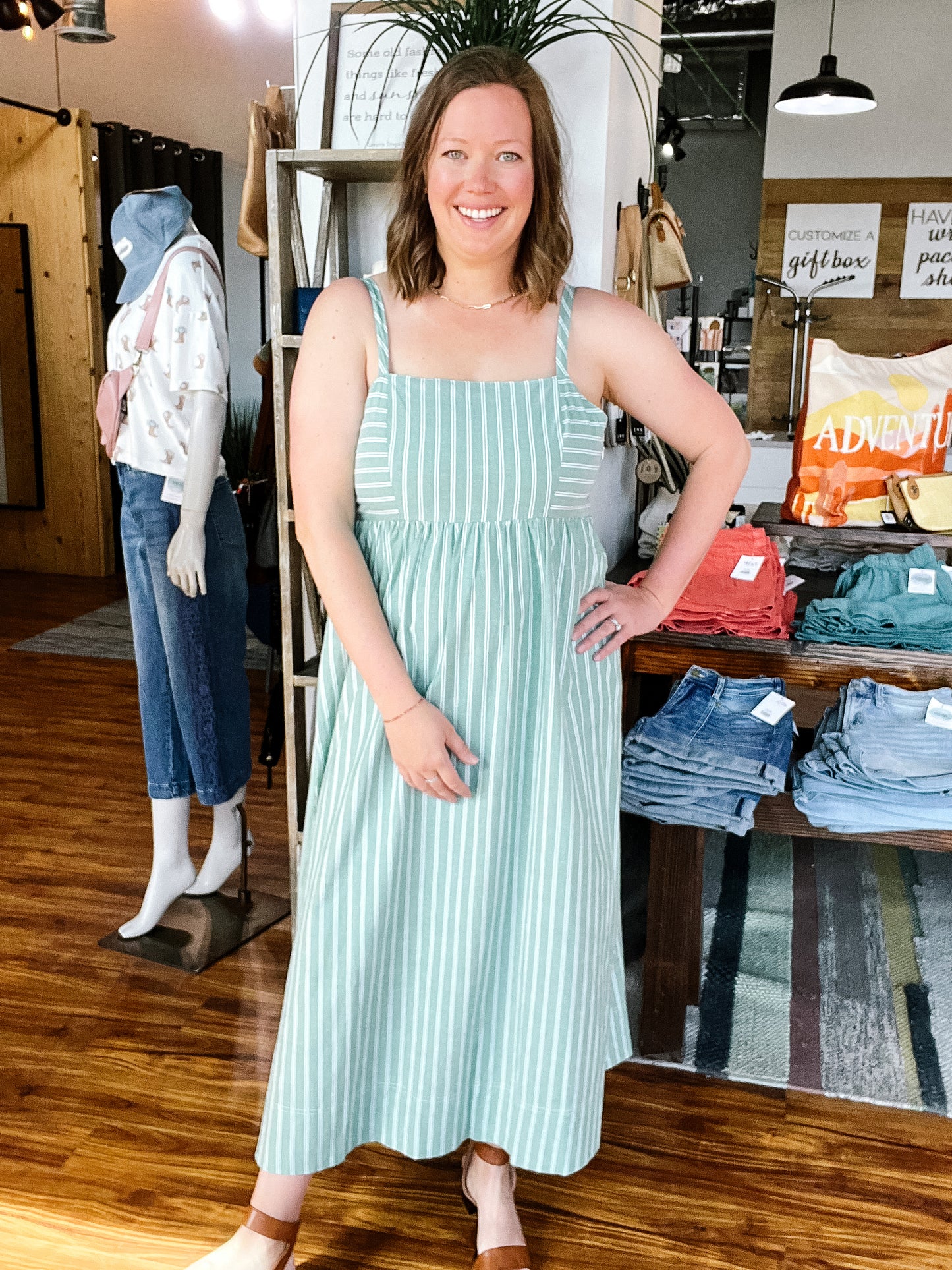 Green & White Stripe Midi Tank Dress