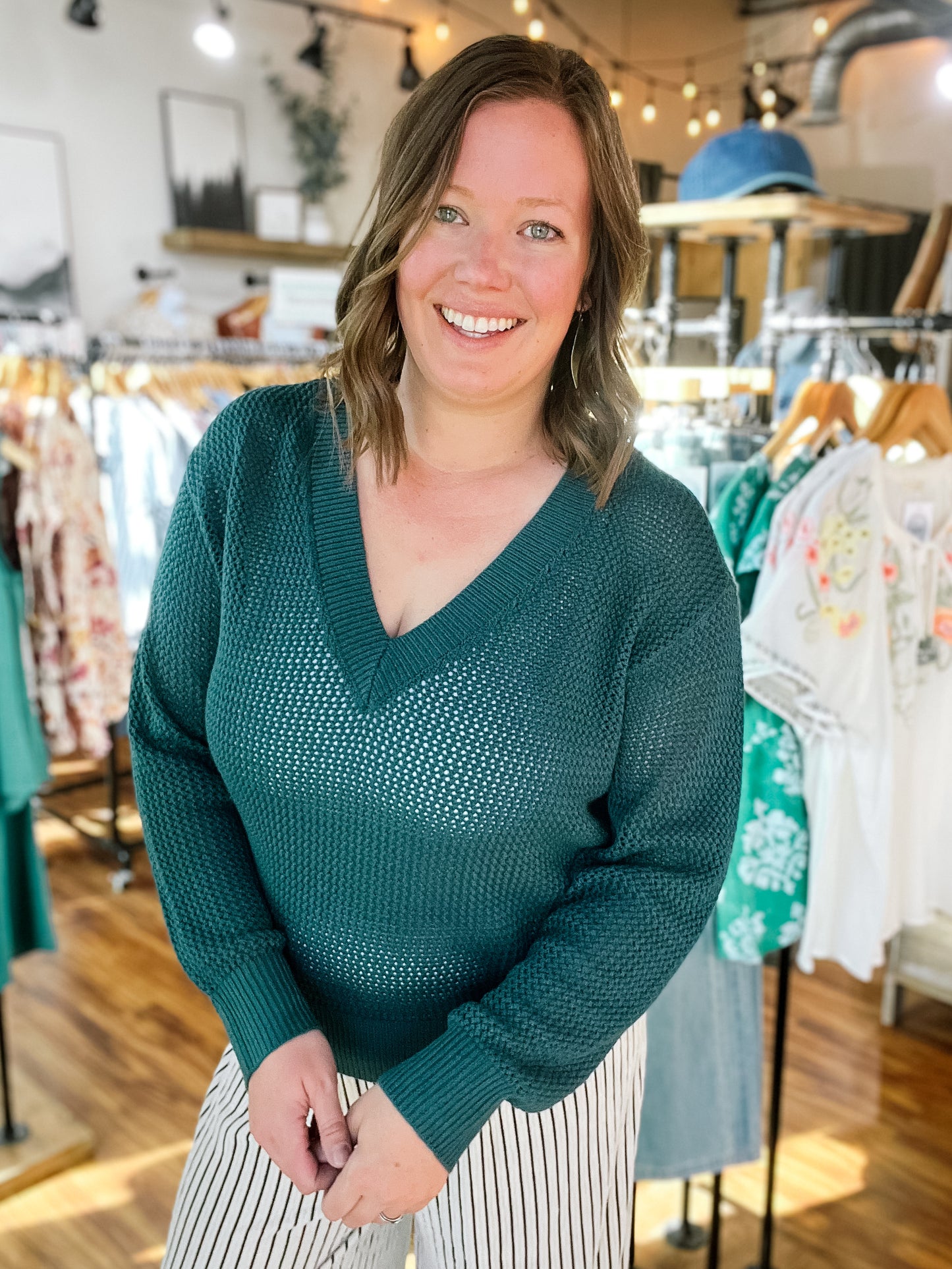 Teal Open Weave V Neck Sweater