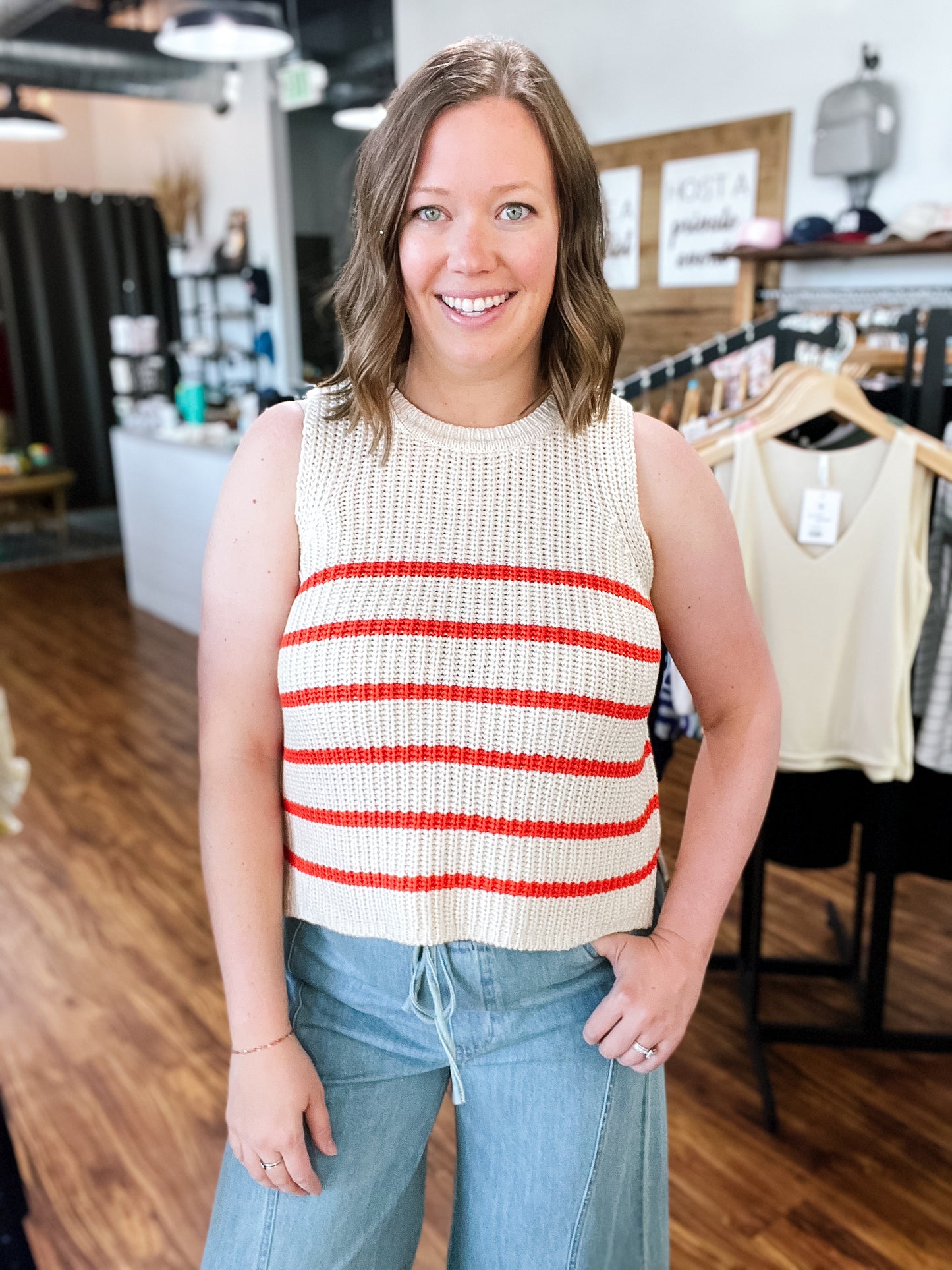 Ivory W/ Orange Stripe Sleeveless Sweater