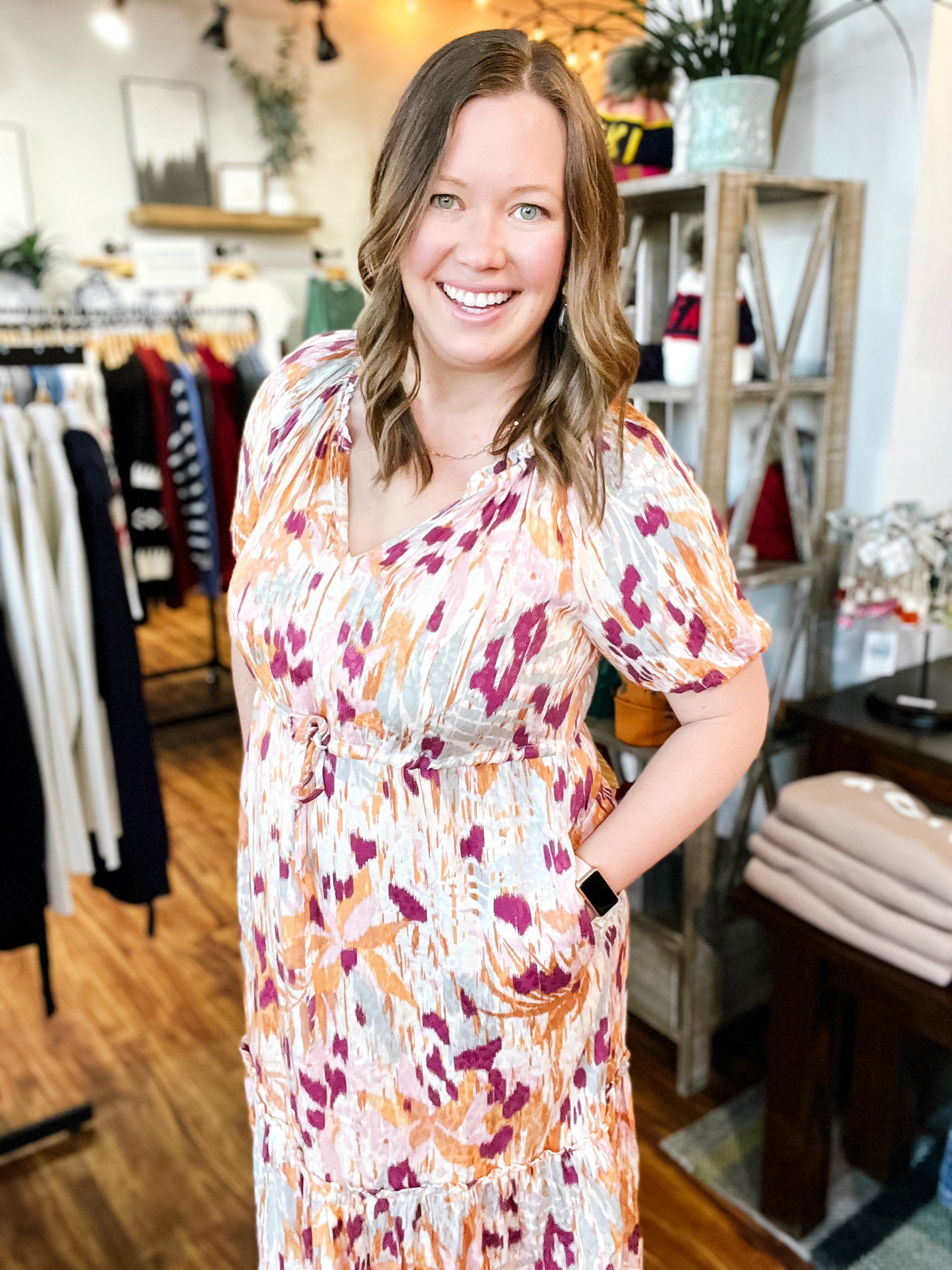 Ivory W/Plum V Neck Dress