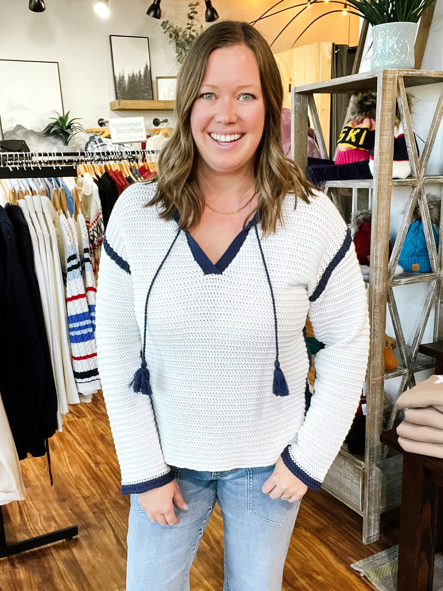 White W/Navy Notch Collar Sweater