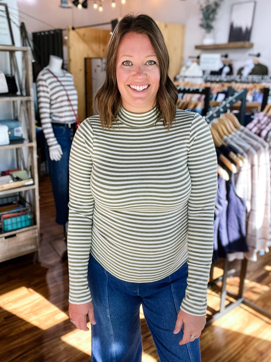 Cream & Olive Green Stripe Mock Neck Top
