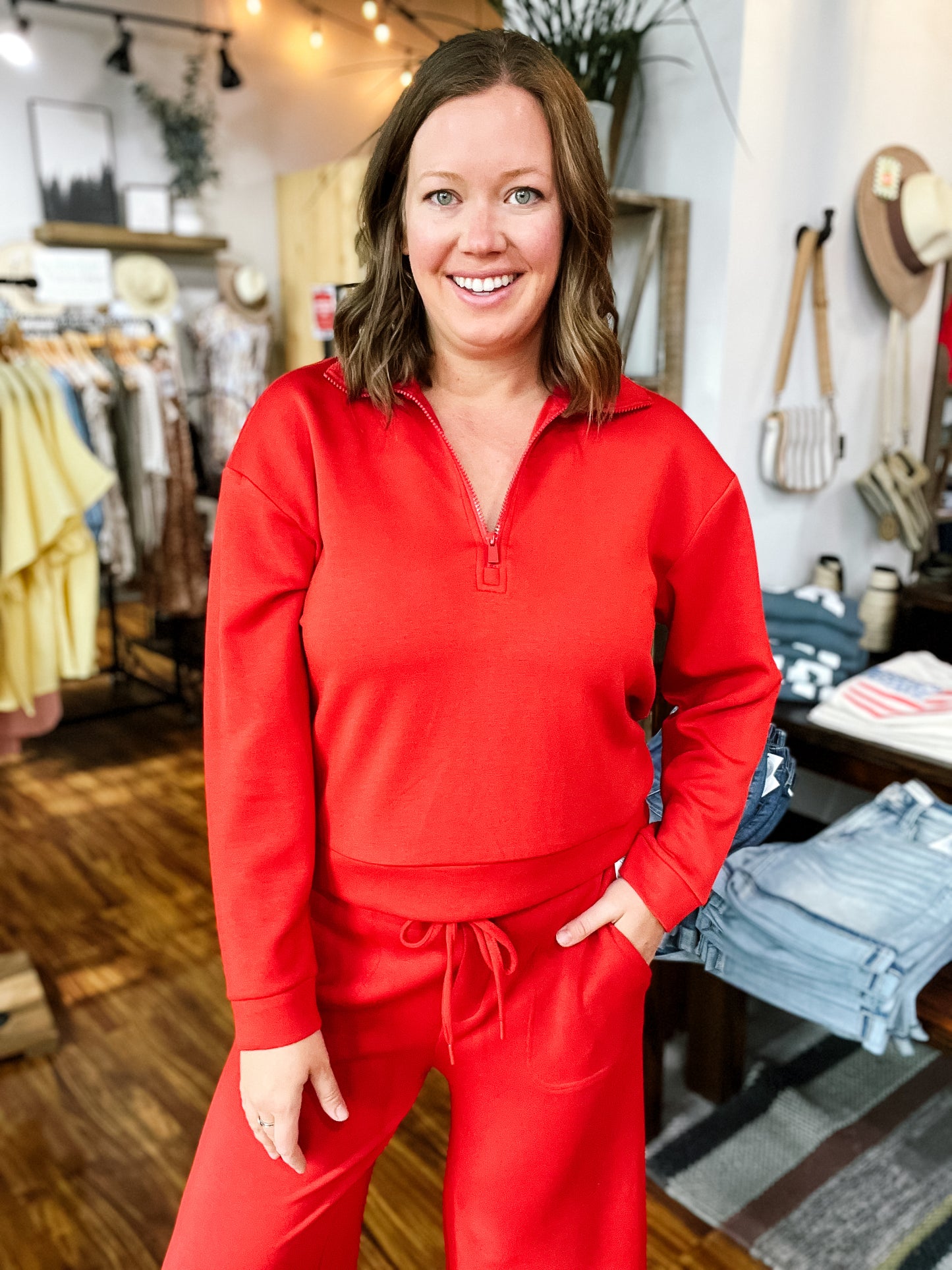 Red Half Zip Popover Top