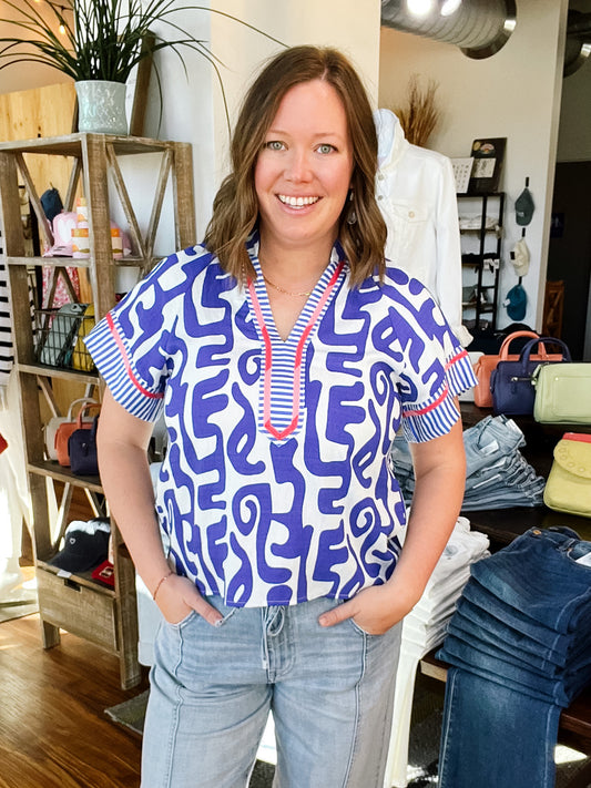 Cobalt Blue Abstract Short Sleeve Top