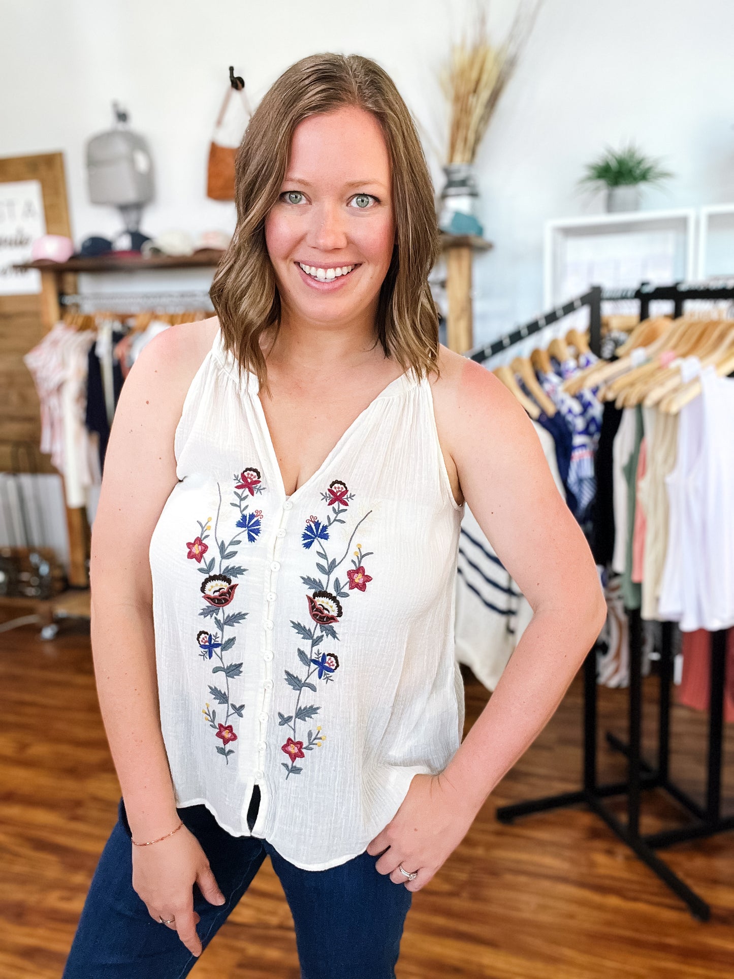 Ivory Button Front Embroidered Tank Top