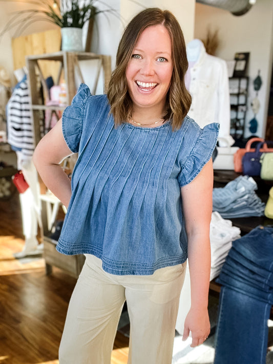 Denim Pleated Top