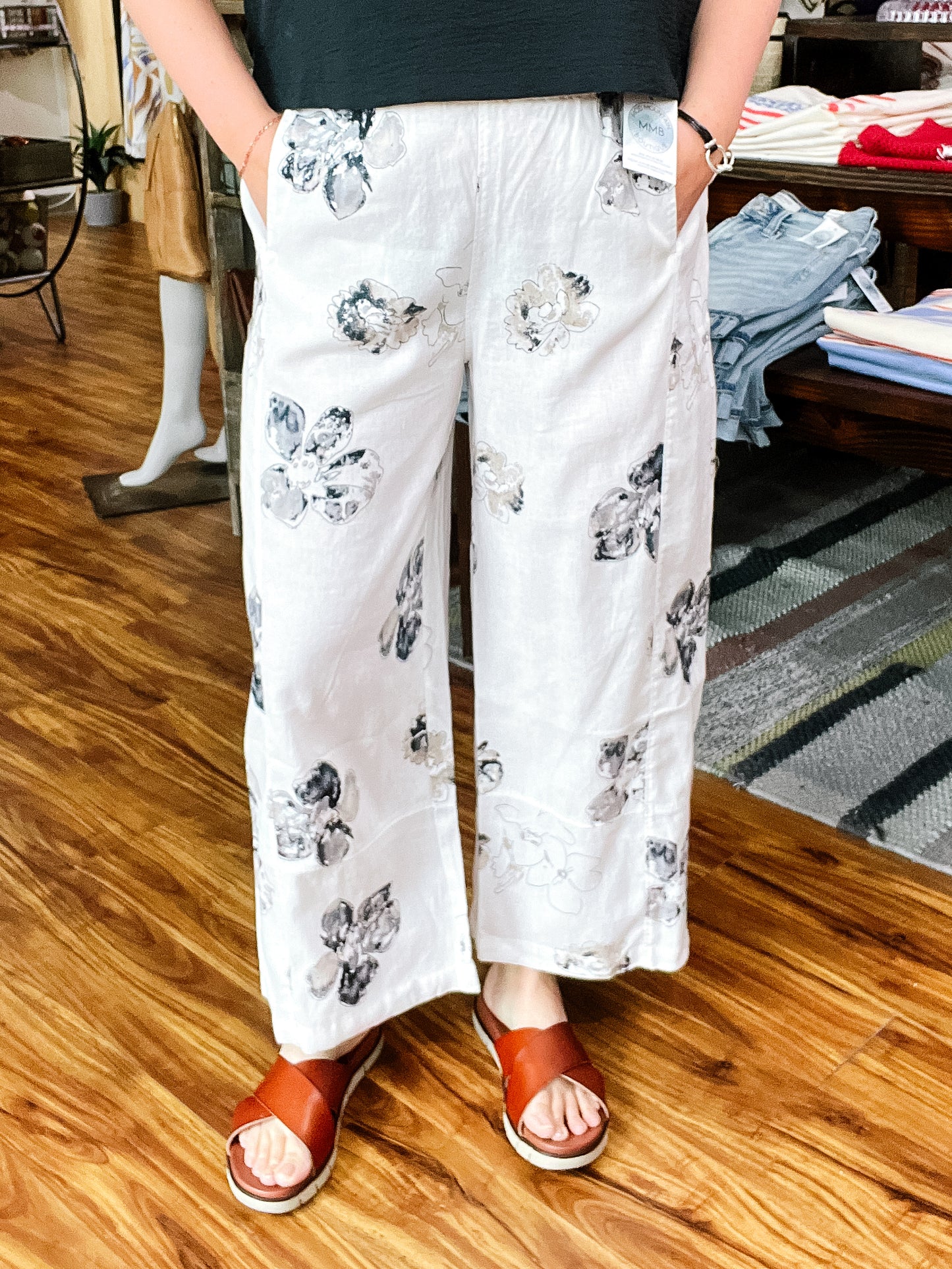 White Floral Linen Pant