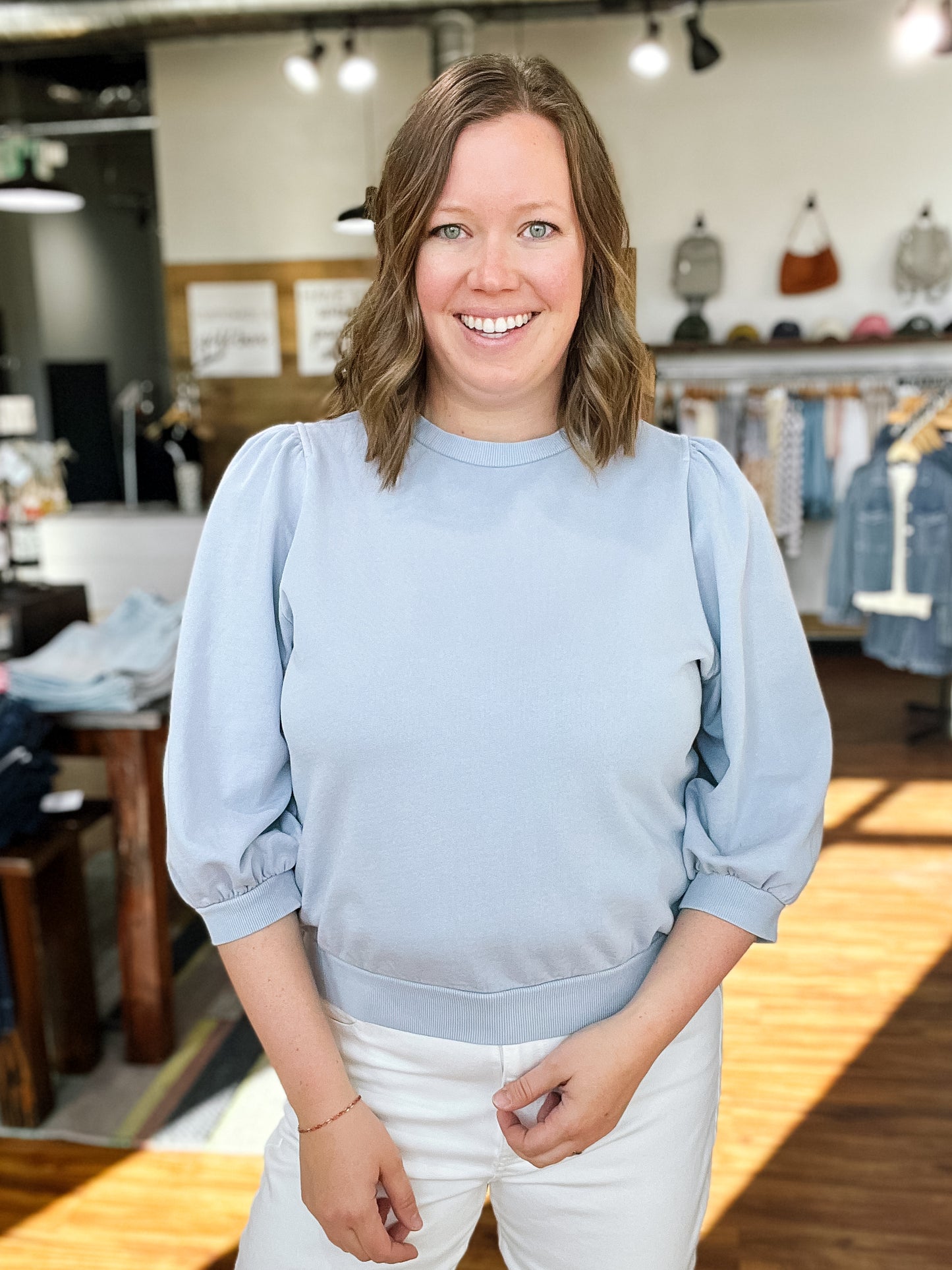 Light Blue Puff Sleeve French Terry Top