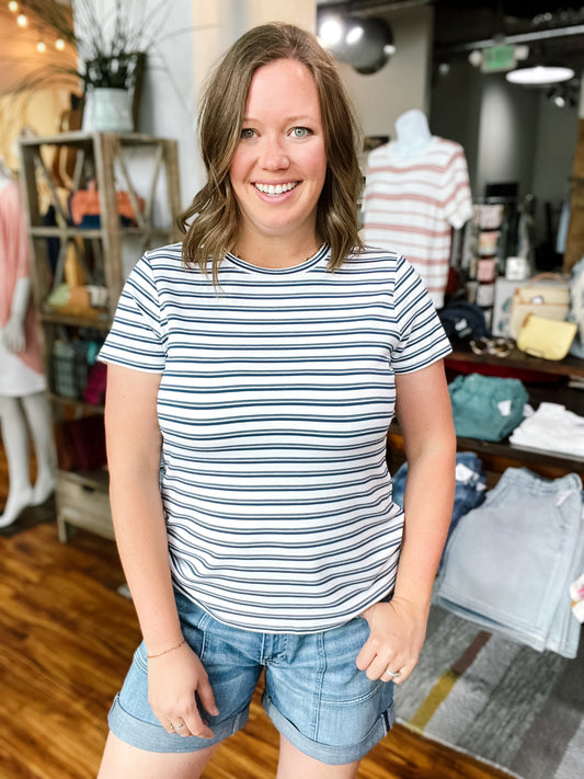 White W/ Navy Stripes Slim Fit Tee