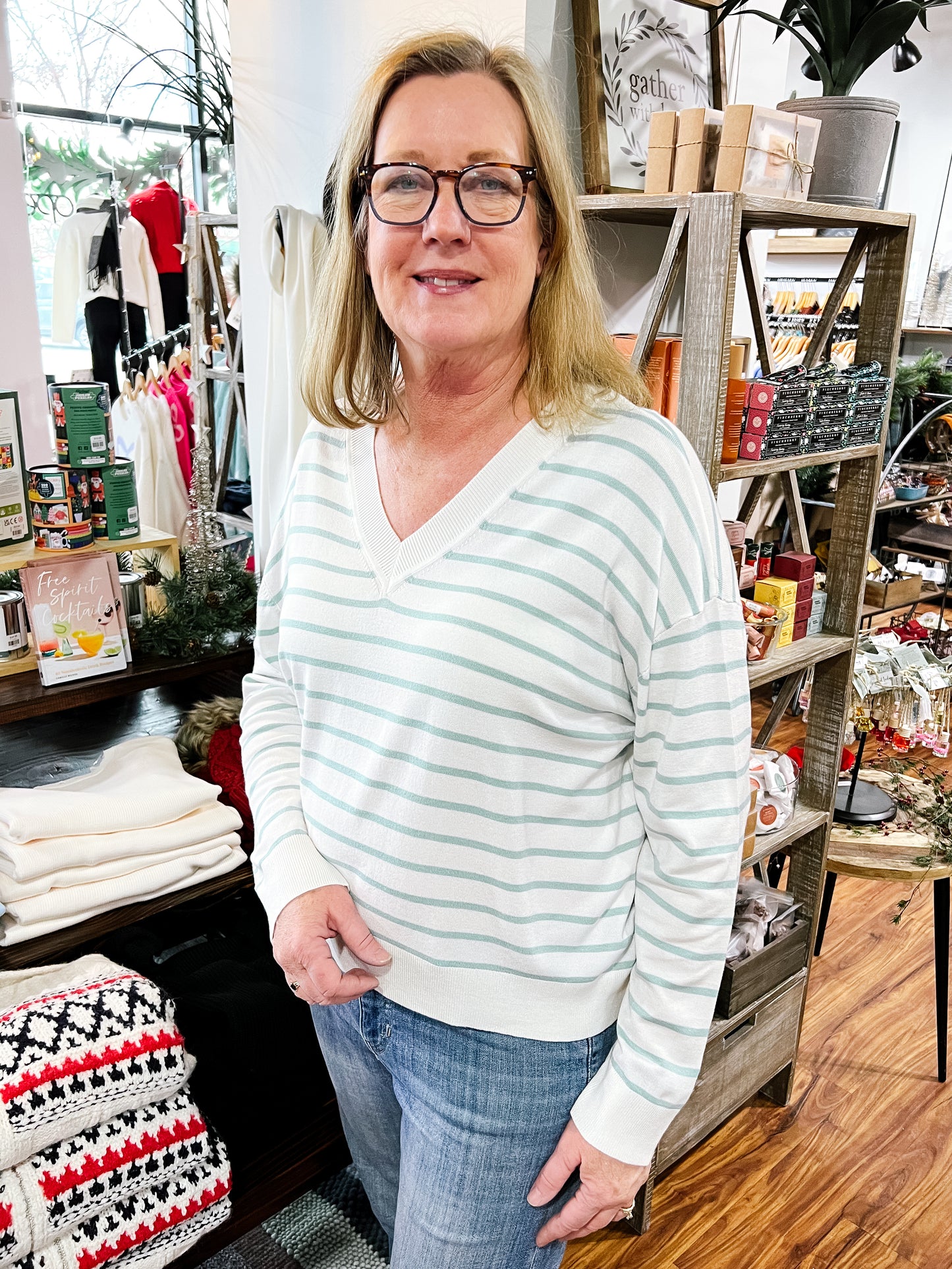 Cream W/Mint Green Stripes Sweater