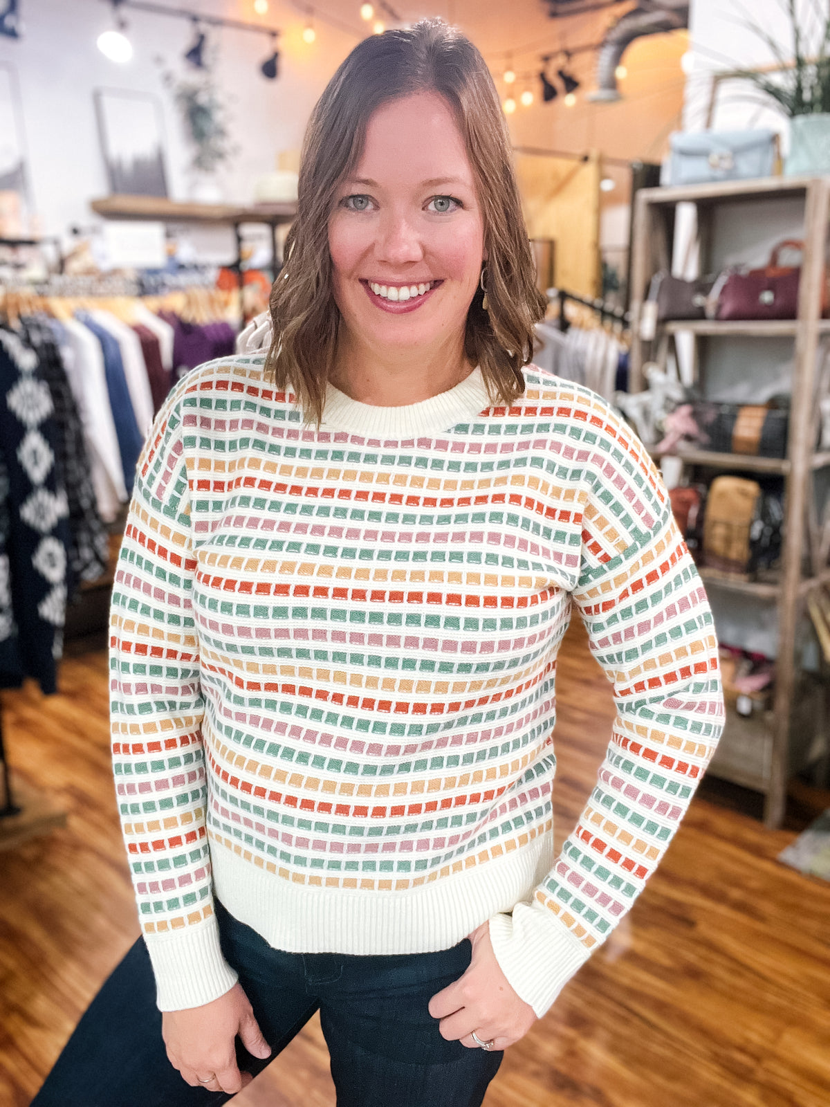 Multi Colored Box Print Crew Neck Sweater