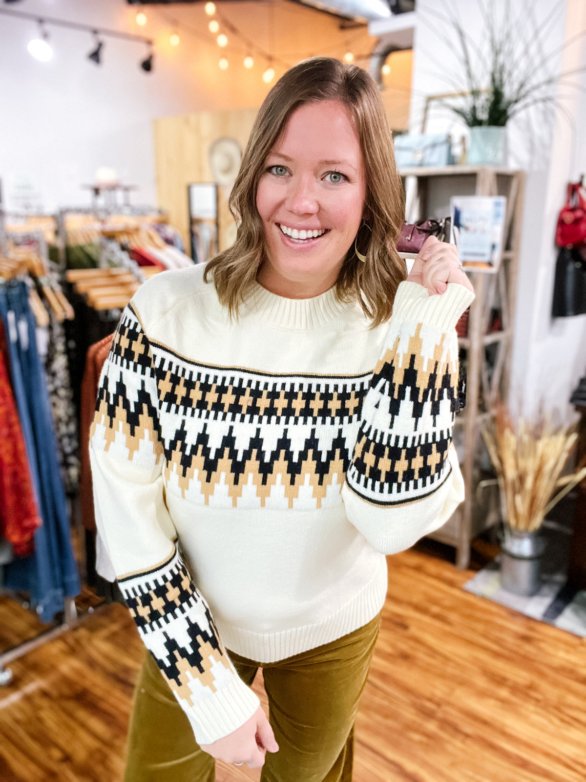 Ivory Black & Camel Aztec Print Sweater