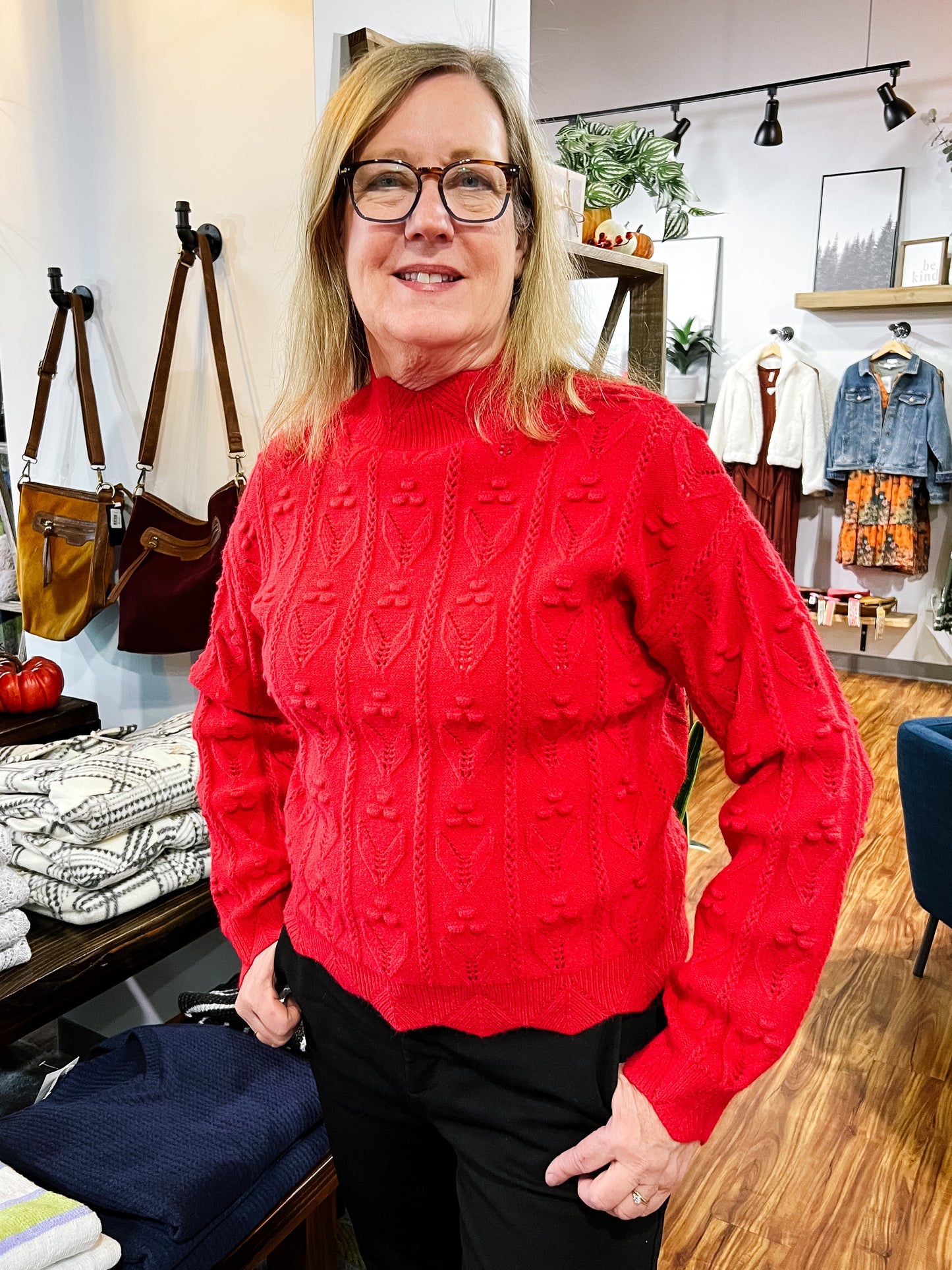 Red Scallop Edge High Neck Sweater