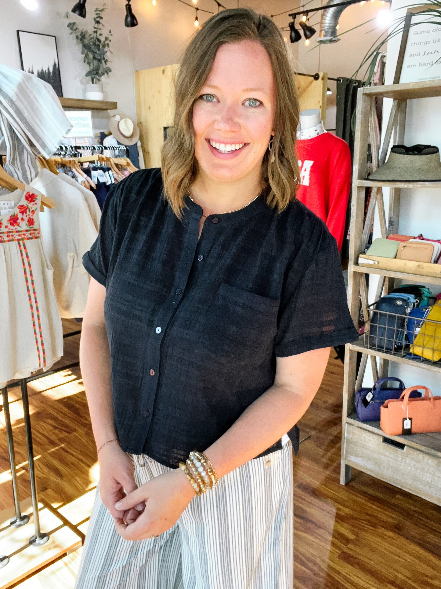 Black Button Front Top W/ Patch Pocket