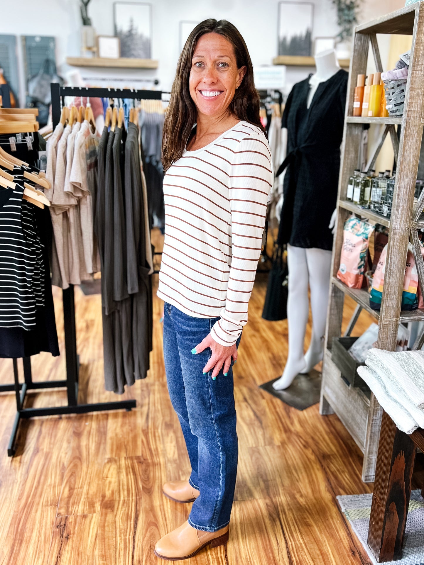 Off White W/Brown Stripe Scoop Neck Shirt