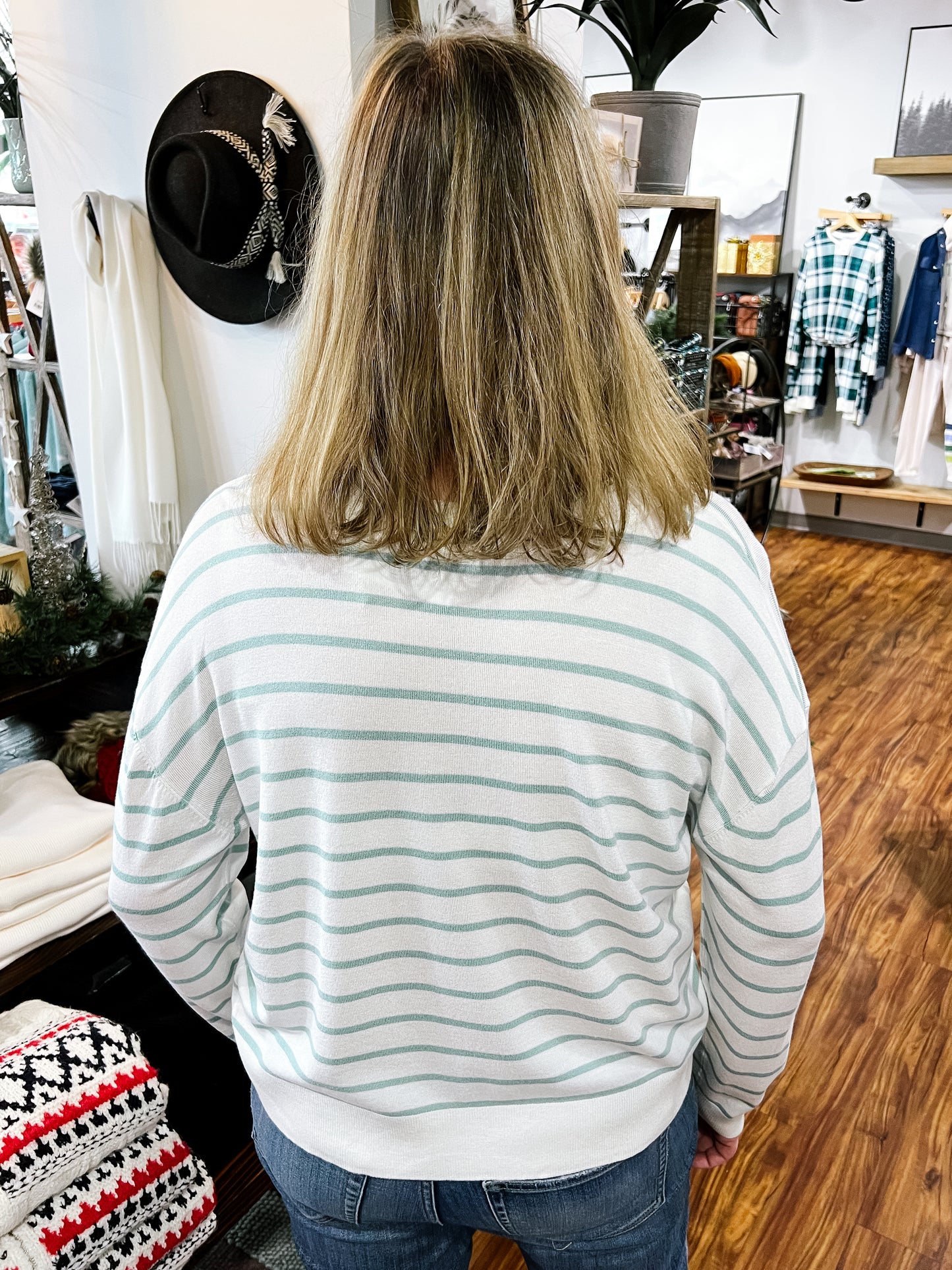 Cream W/Mint Green Stripes Sweater