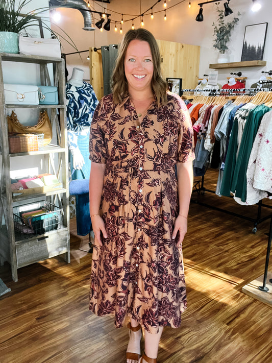 Brown Tie Waist Floral Print Dress