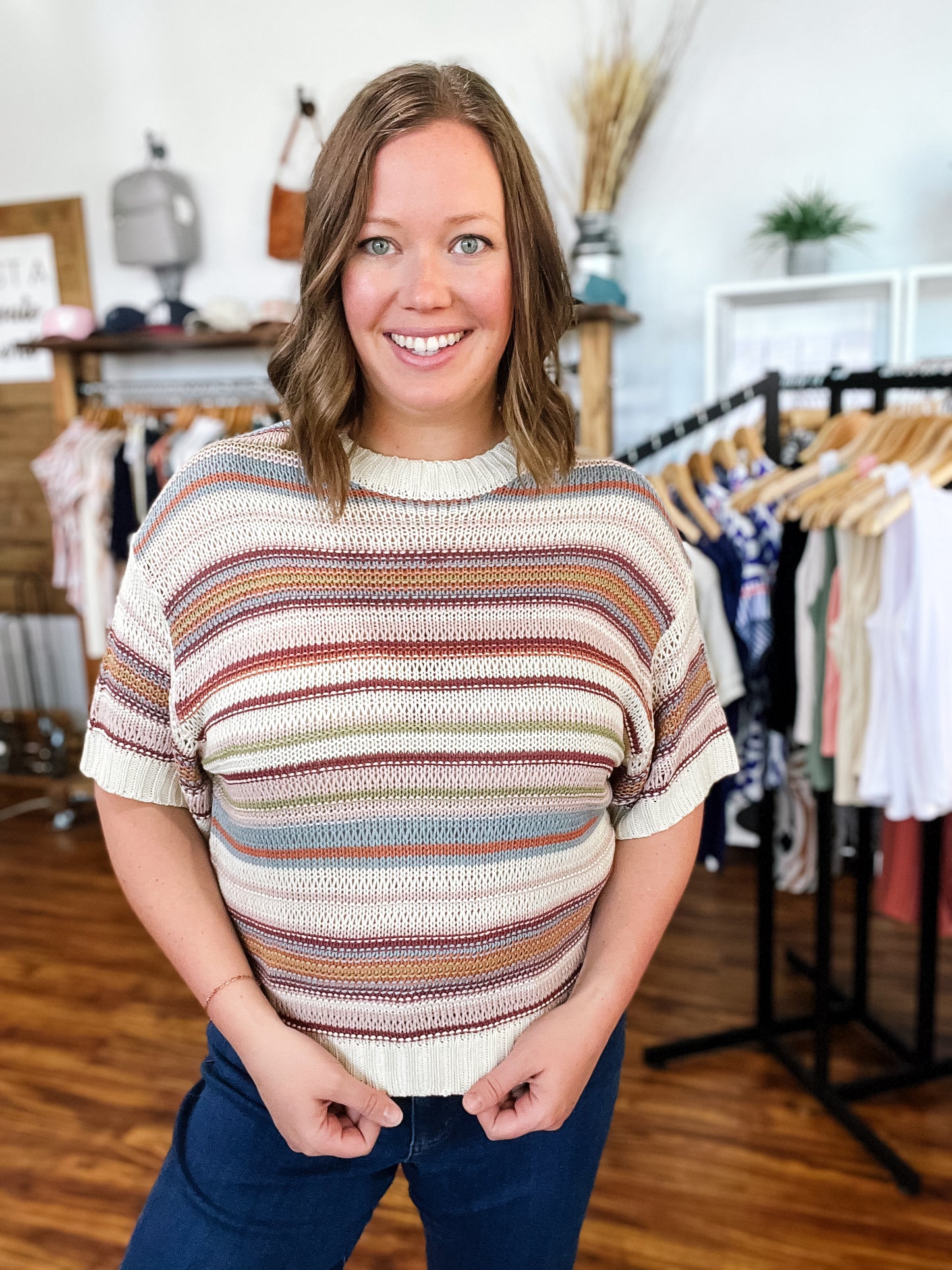 Multi Stripe Short Sleeve Sweater