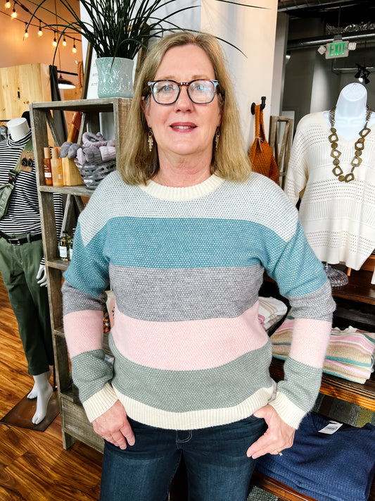 Blue, Pink, & Green Color Block Sweater