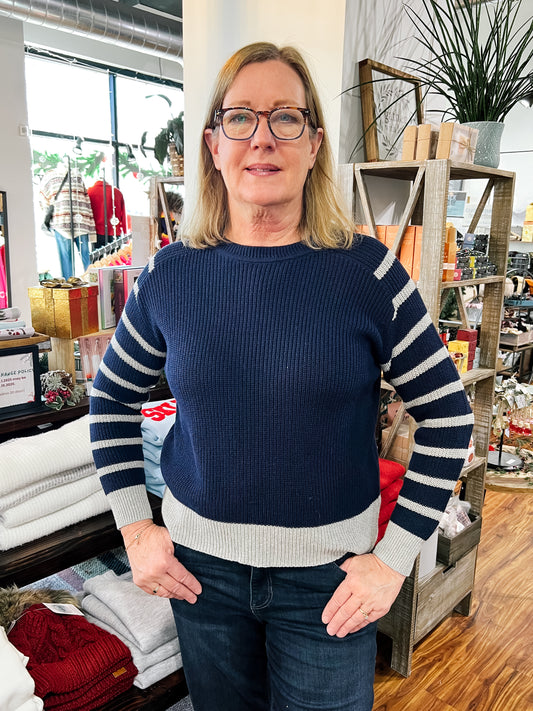 Navy Heather Striped Sleeves Sweater