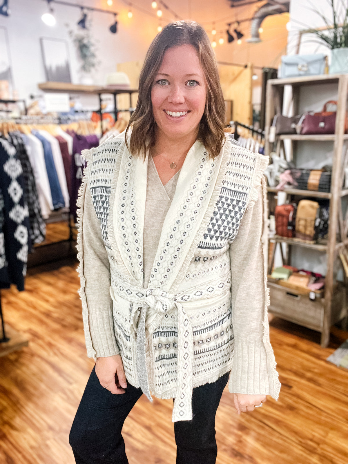 Cream Patterned Sleeveless Sweater Vest