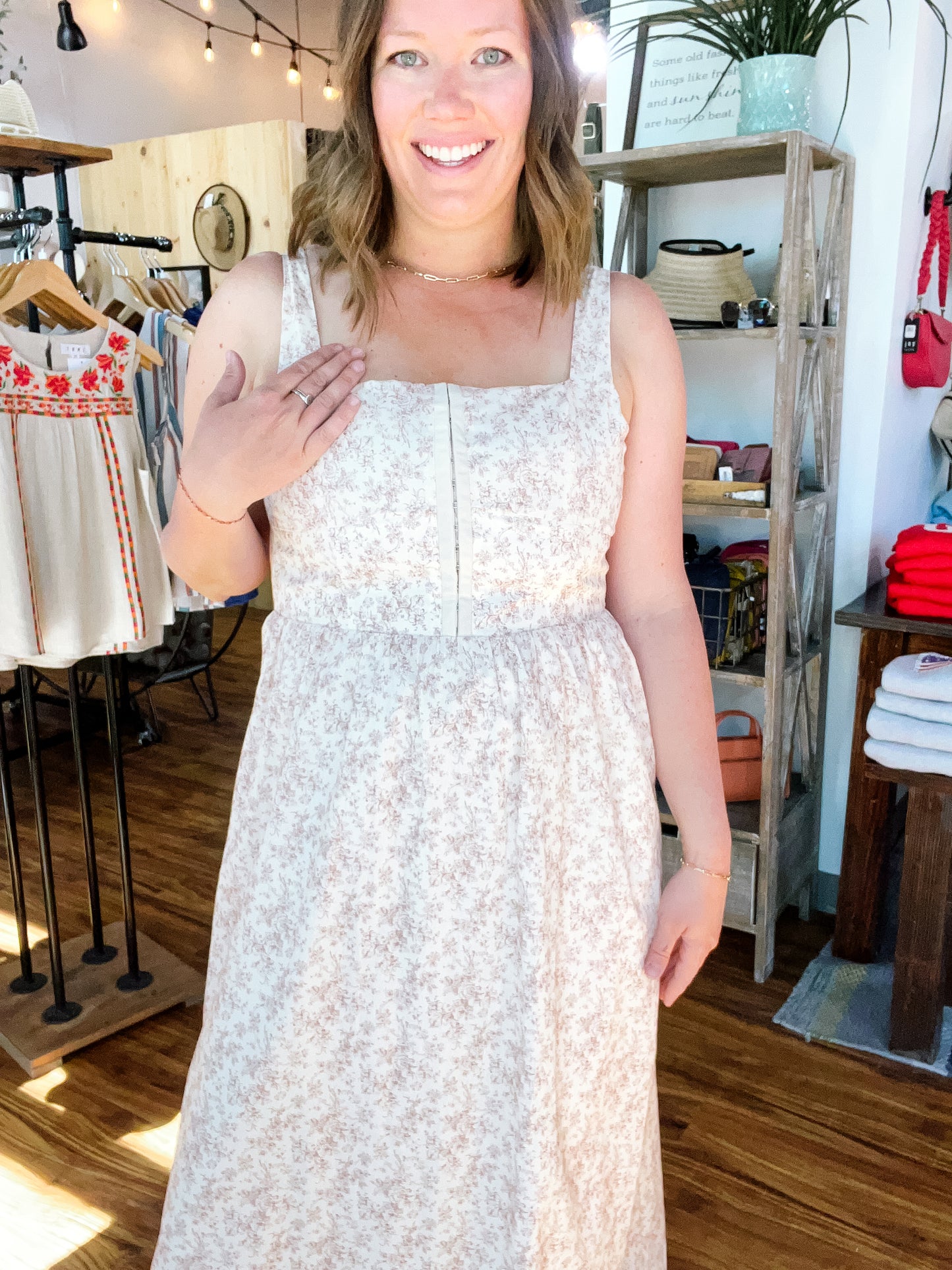 Cream W/Brown Floral Dress