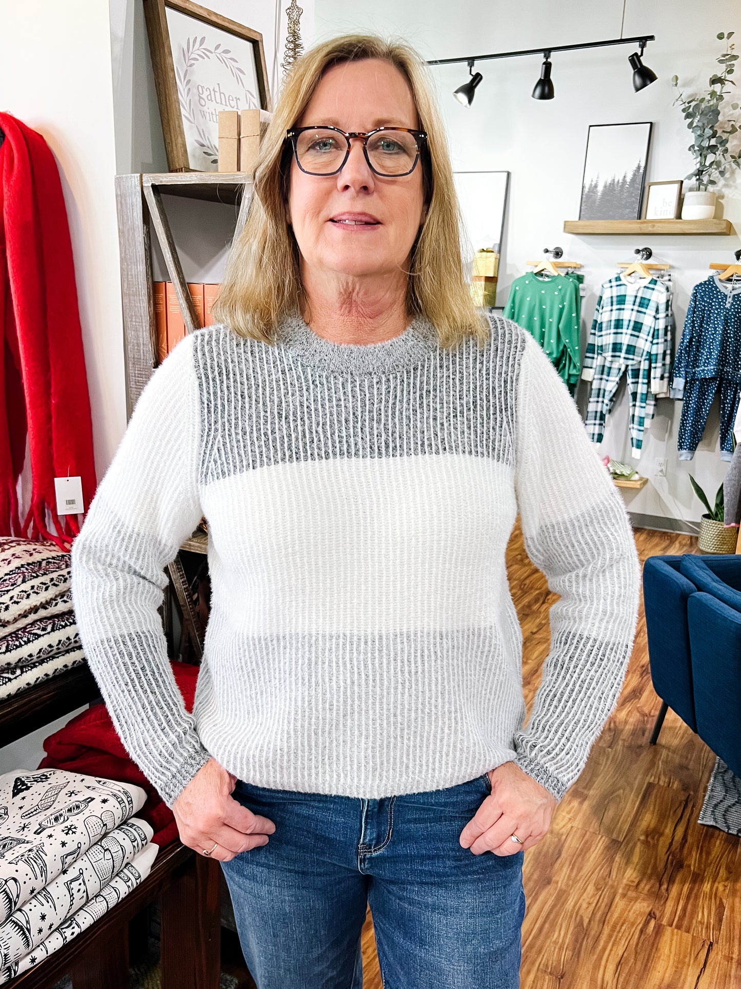 Gray & White Color Block Sweater