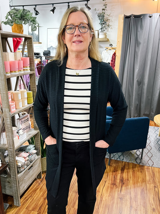 Black Ribbed Long Cardigan
