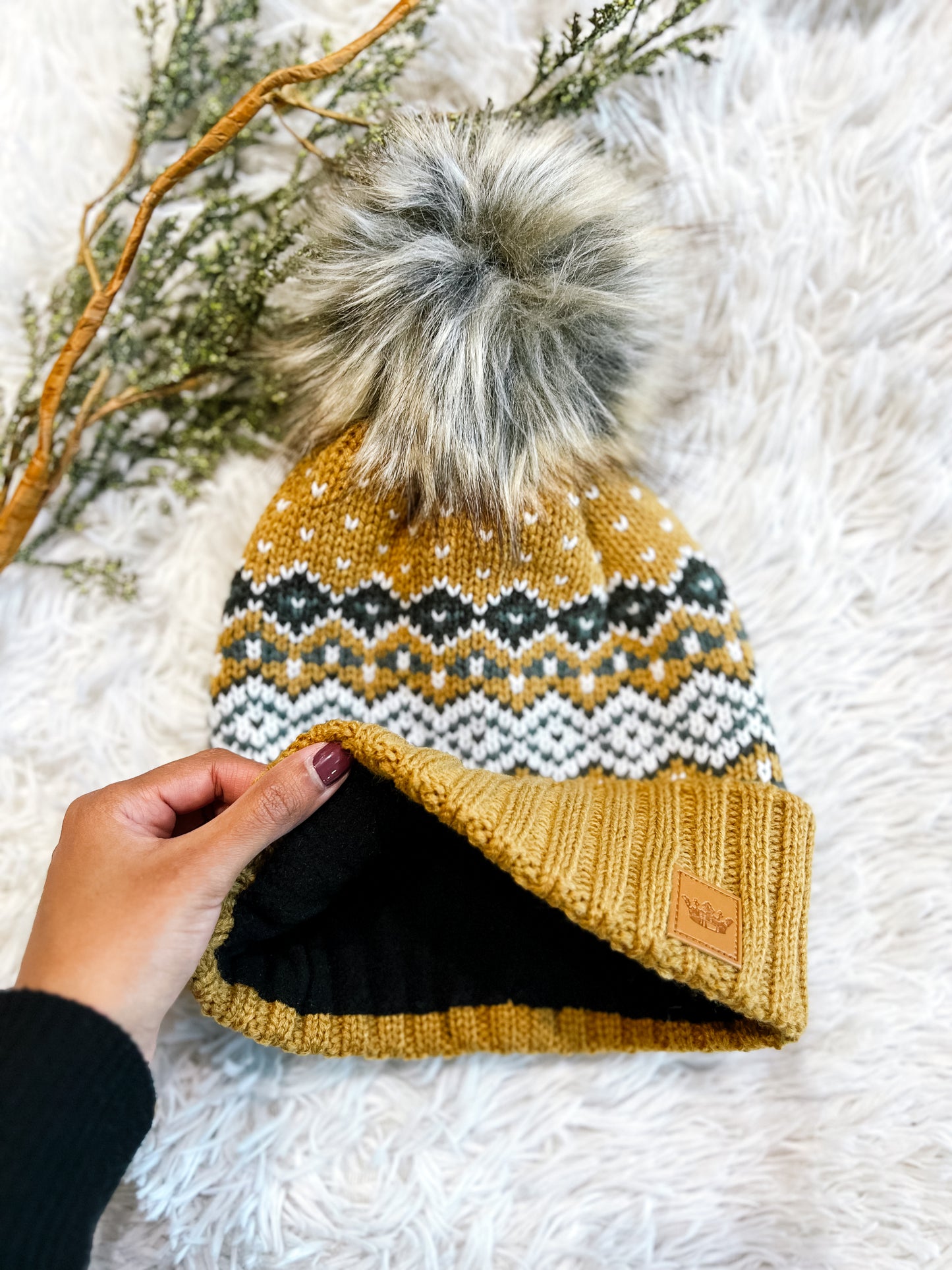 Camel, Black, White & Blue Patterned Pom Beanie