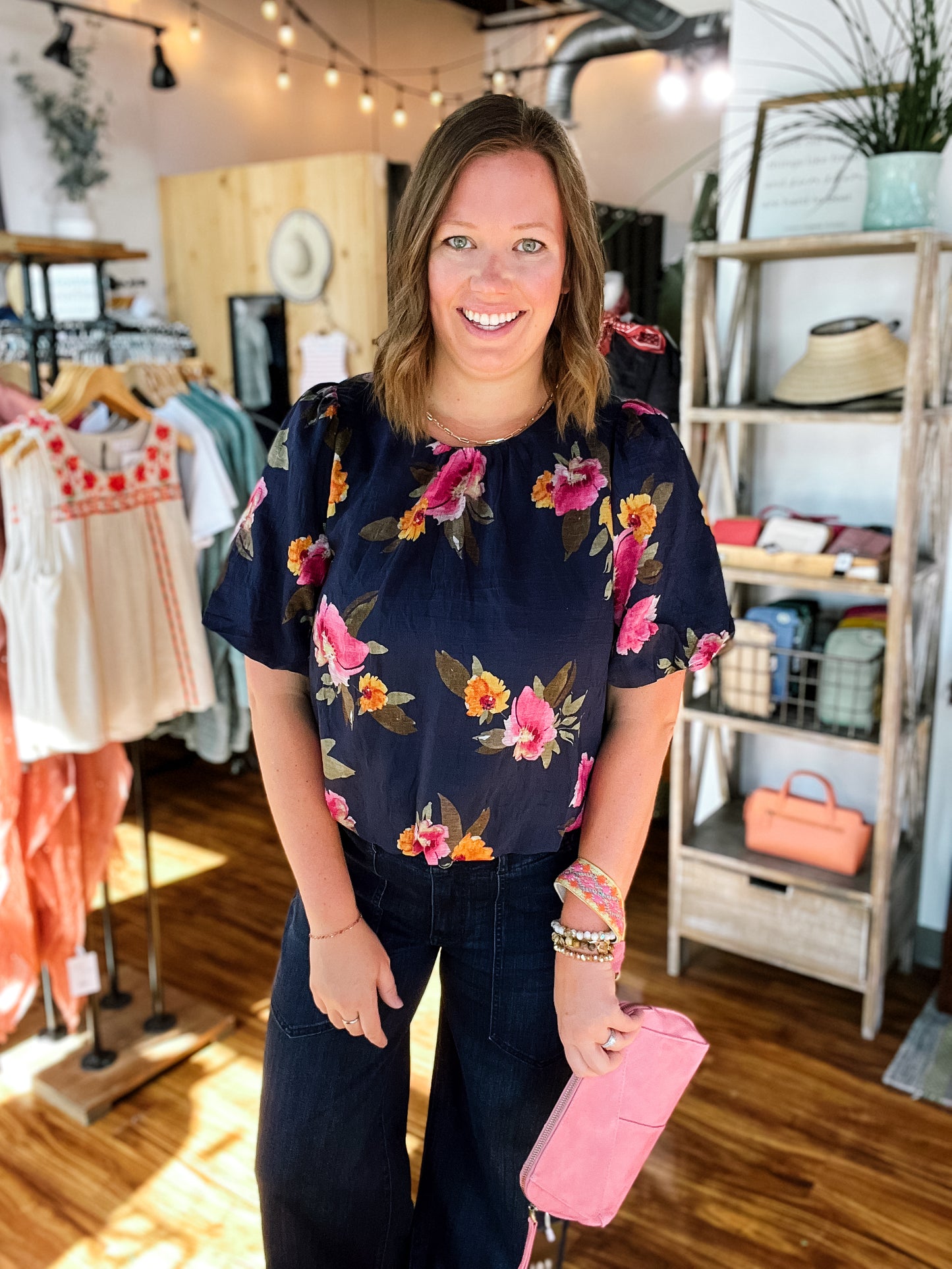 Navy Floral Puff Sleeve Top