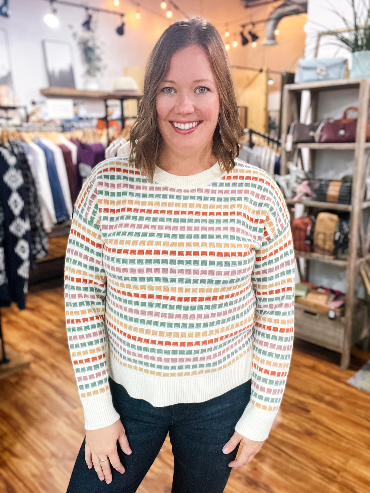 Multi Colored Box Print Crew Neck Sweater