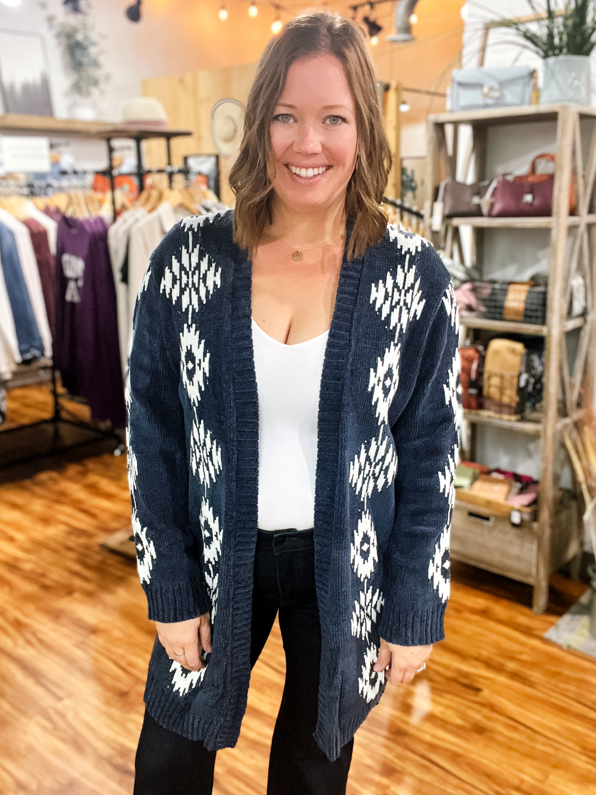 Navy & White Print Chenille Cardigan