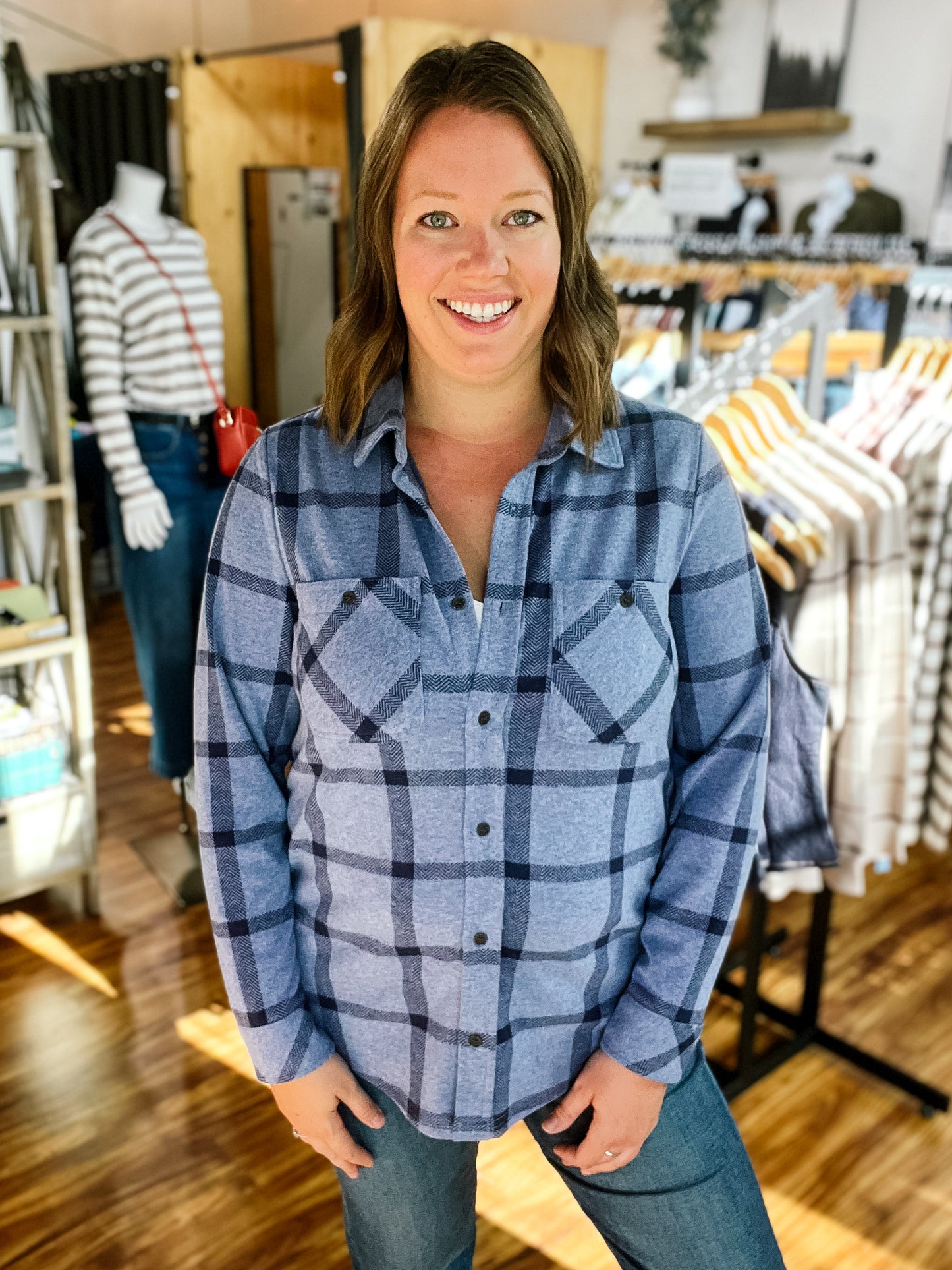 Heather Blue with Navy Plaid Flannel Shirt