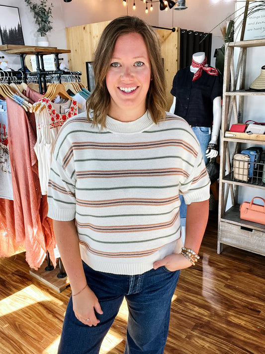 Vanilla Striped Drop Shoulder Short Sleeve Sweater