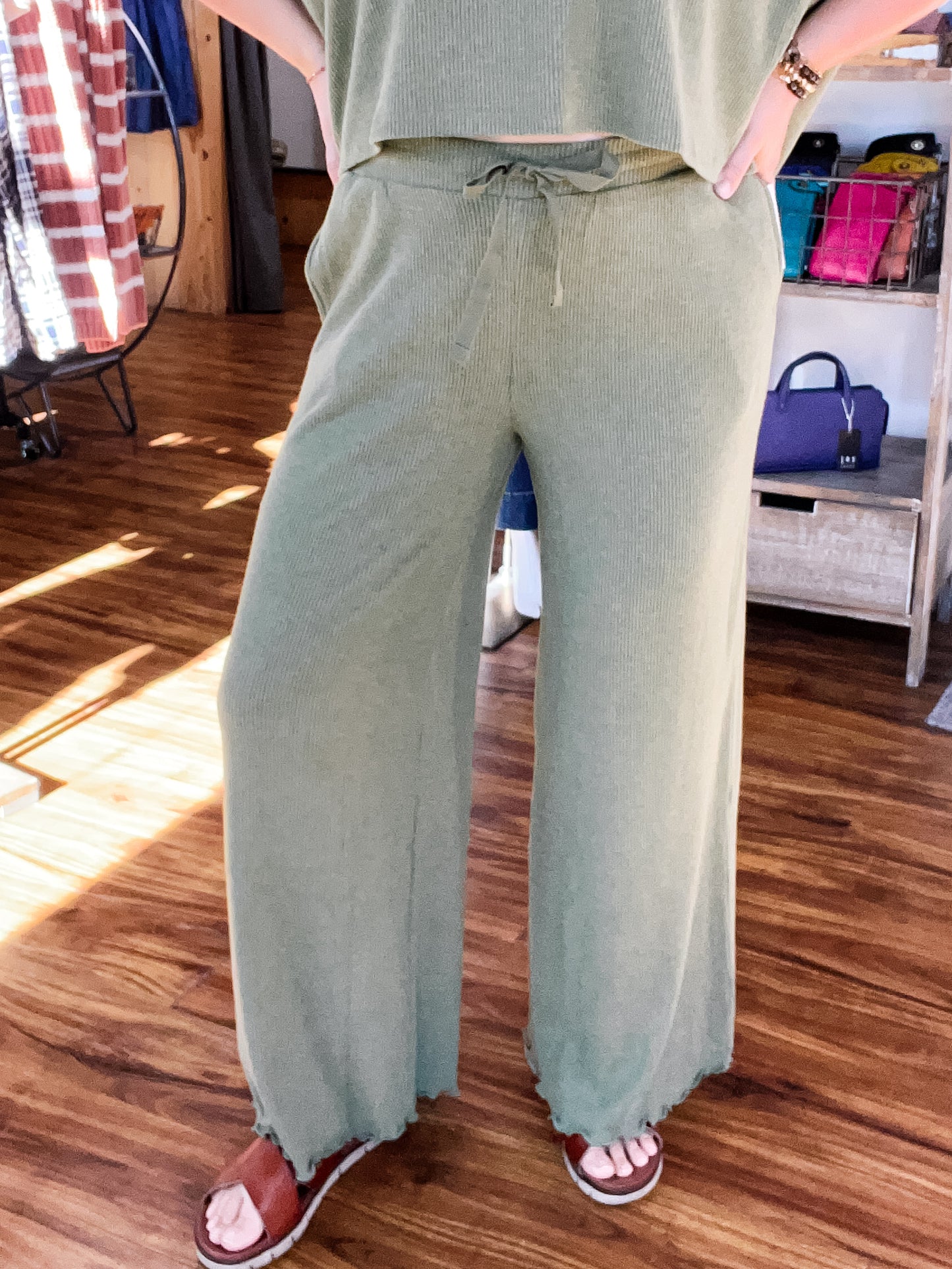 Olive Green Ribbed Lounge Pants