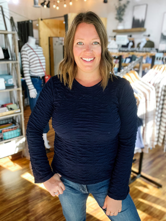 Navy Textured Long Sleeve Top