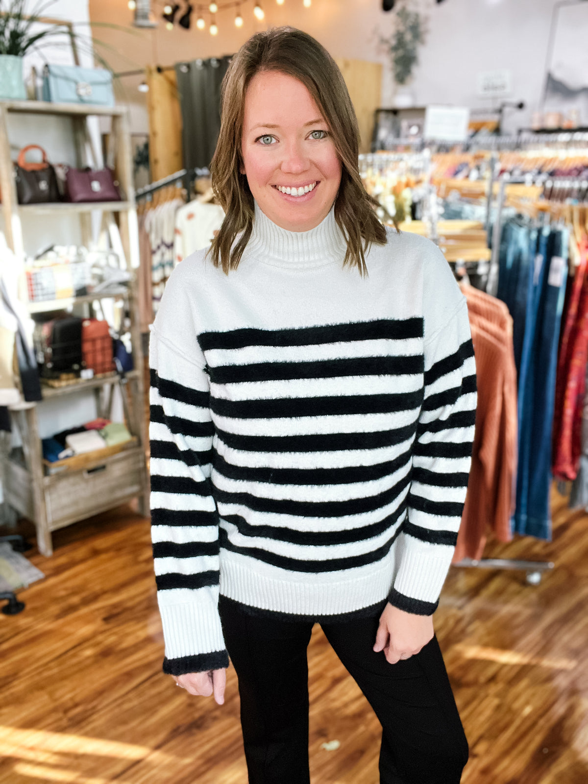 Black & Ivory Striped Mock Turtleneck Sweater