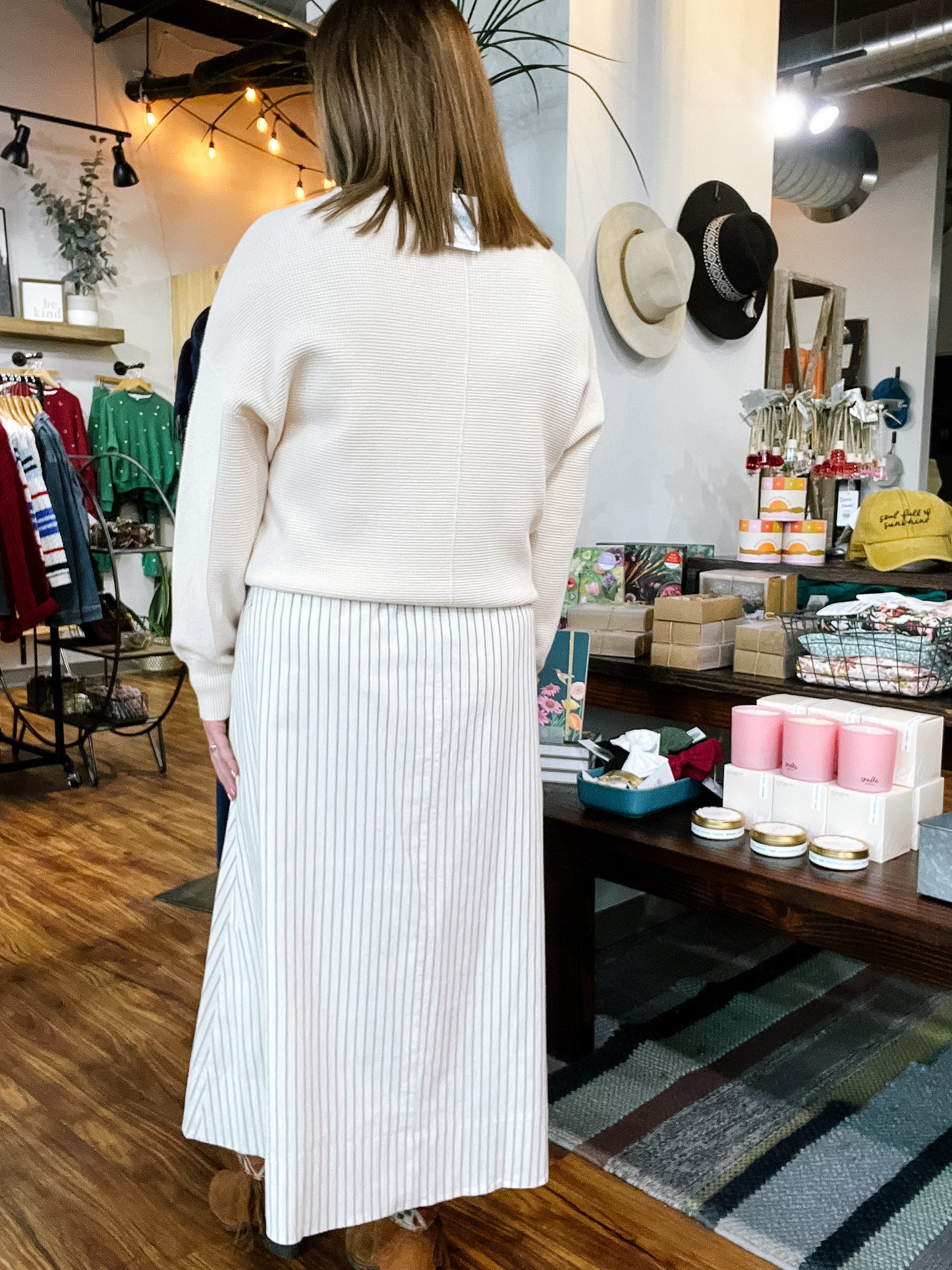 Cream Stripe Midi Skirt