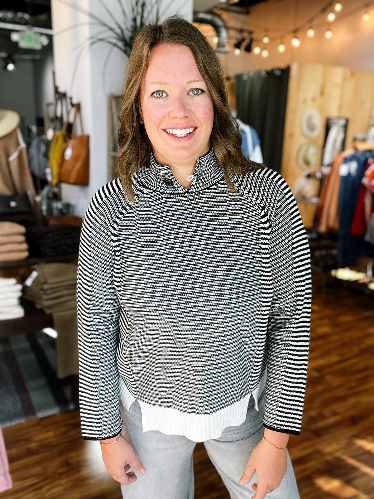 Black W/Cream Stripe Button Collar Sweater