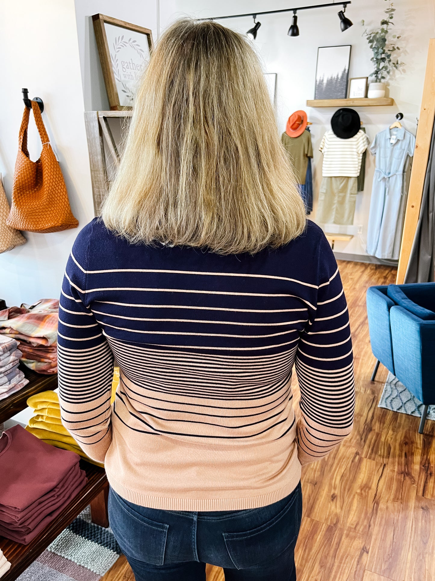 Navy W/ Tan Mixed Stripe Sweater