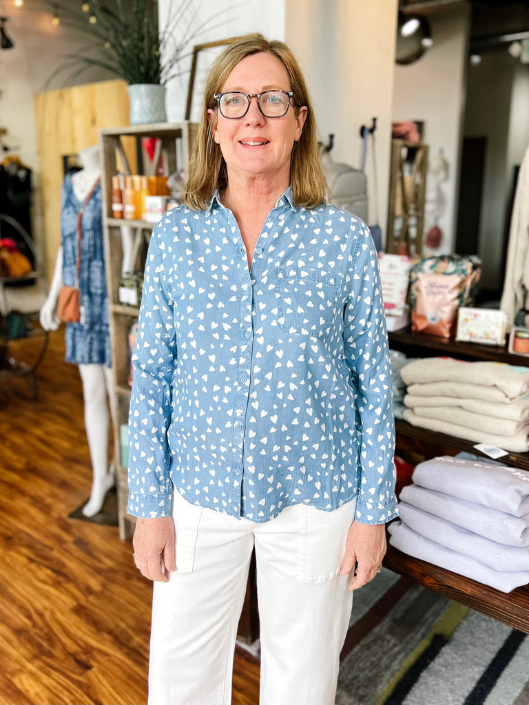Chambray White Hearts Button Up Shirt