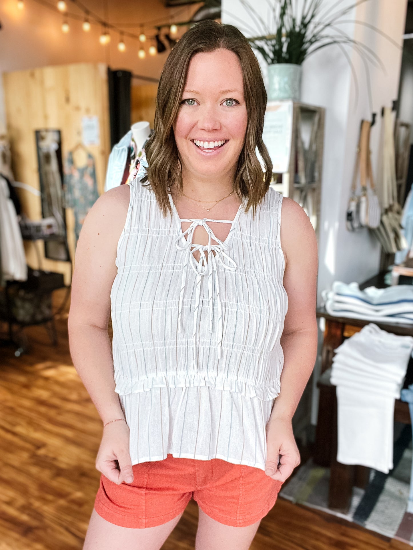 White Sleeveless Tie Front Top