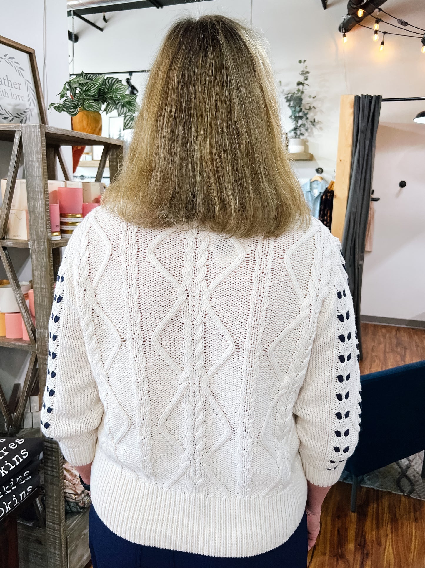 Ivory W/Large Navy Stitching Sweater