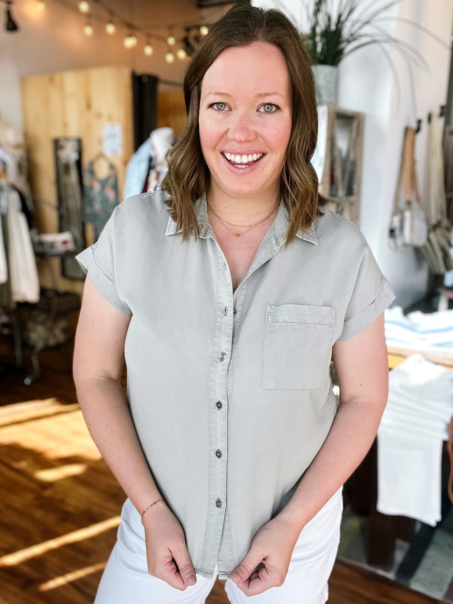 Sage Short Sleeve Button Up Top